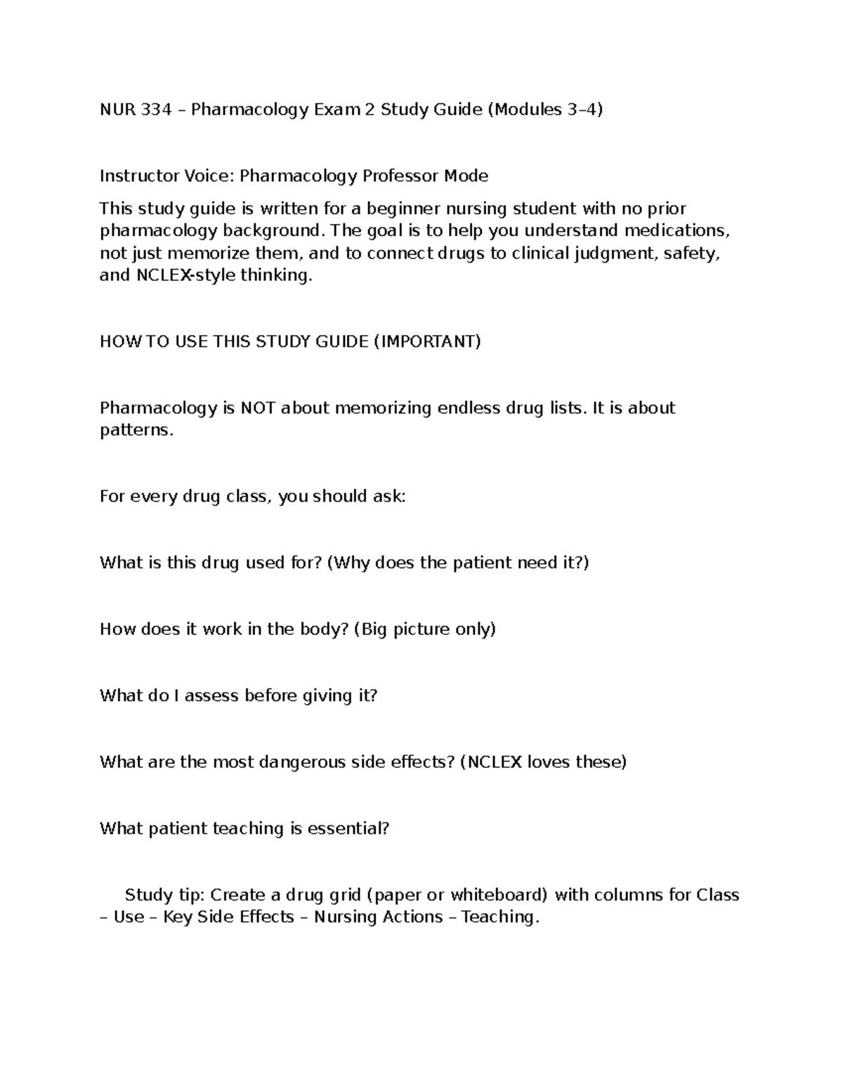 NUR 334 Pharmacology Exam 2 Study Guide: Key Concepts & Tips - Studocu