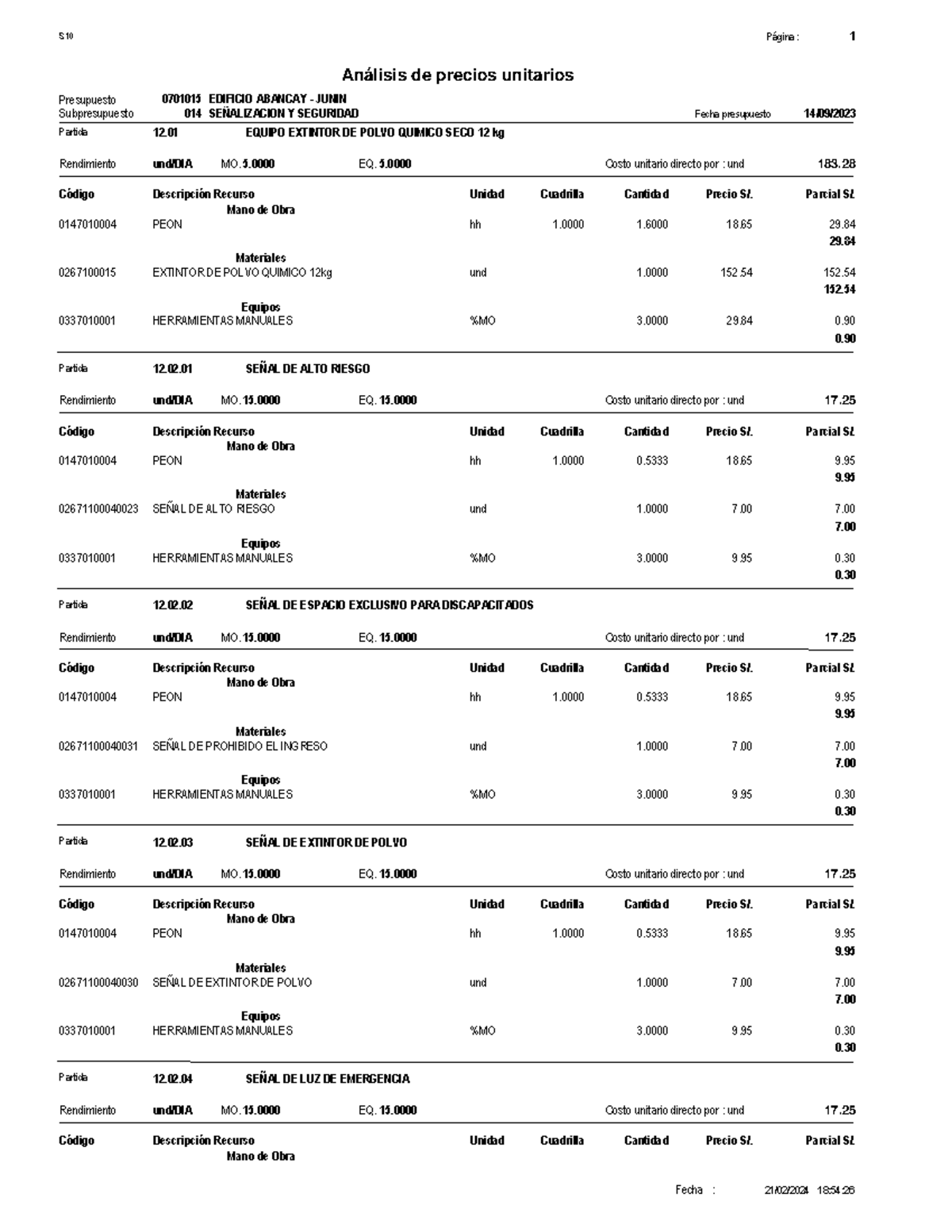 Análisis de Precios Unitarios - Señalización y Seguridad 0701015 - Document Preview