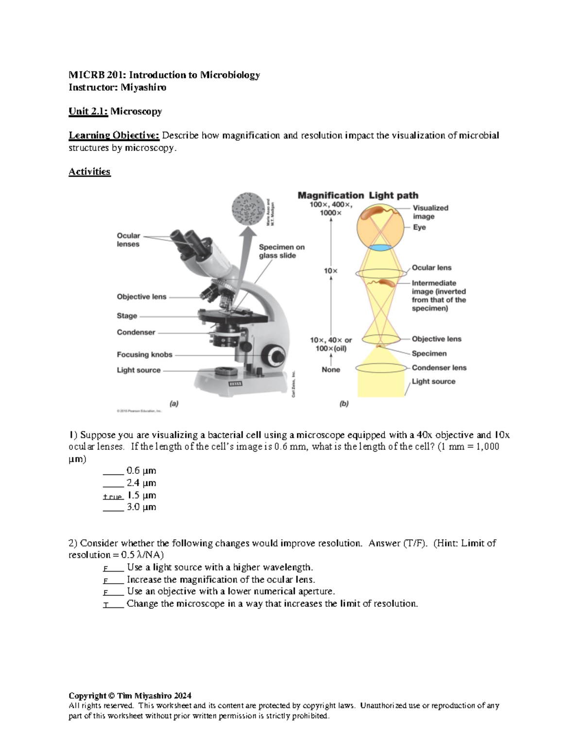 MICRB 201 Unit 2.1 Worksheet: Understanding Microscopy Concepts - Studocu