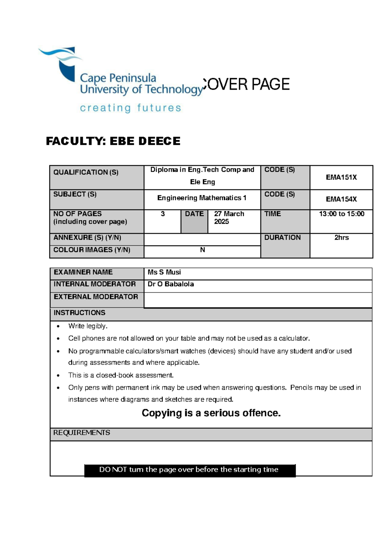 Test 1 EMA151X Engineering Mathematics 1 - Practice Questions - Studocu