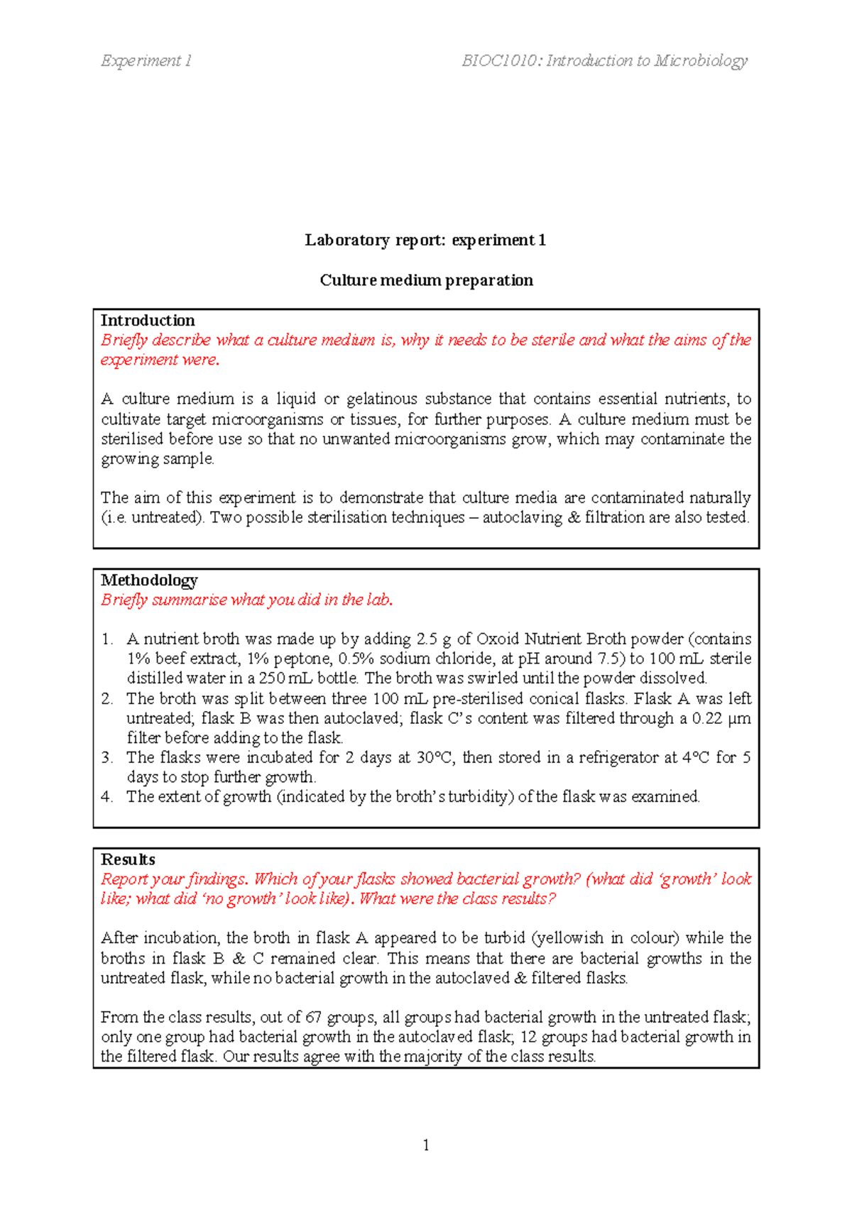 Practical - Lab reports 1-8 - Experiment 1 BIOC1010: Introduction to ...