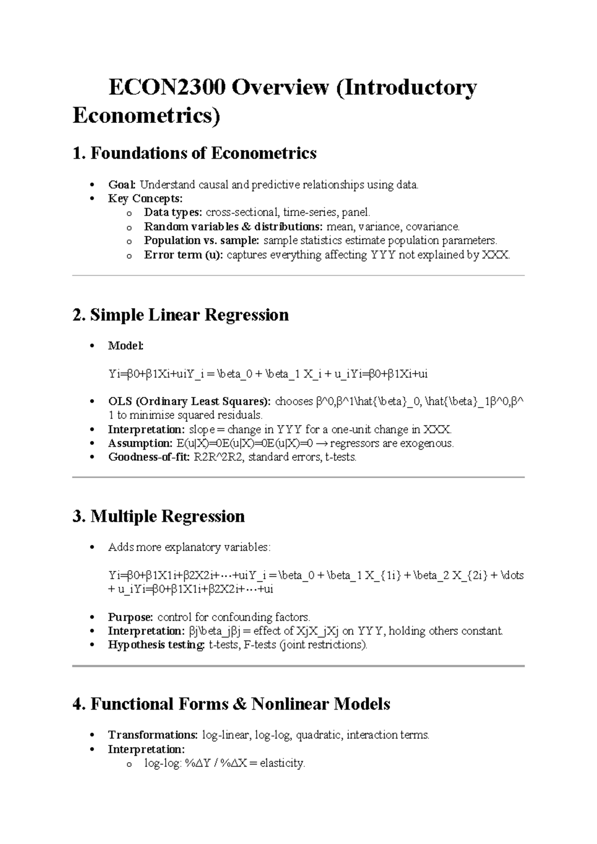 ECON2300 Final Exam Study Guide: Introductory Econometrics - Studocu