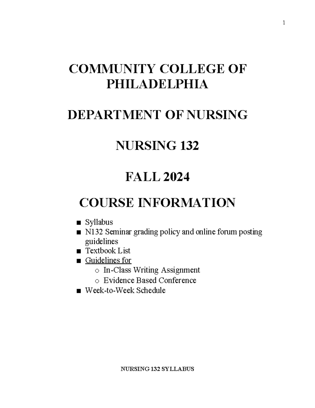 Final Syllabus for Nursing 132 (N132) - Fall 2024 Course Outline - Studocu