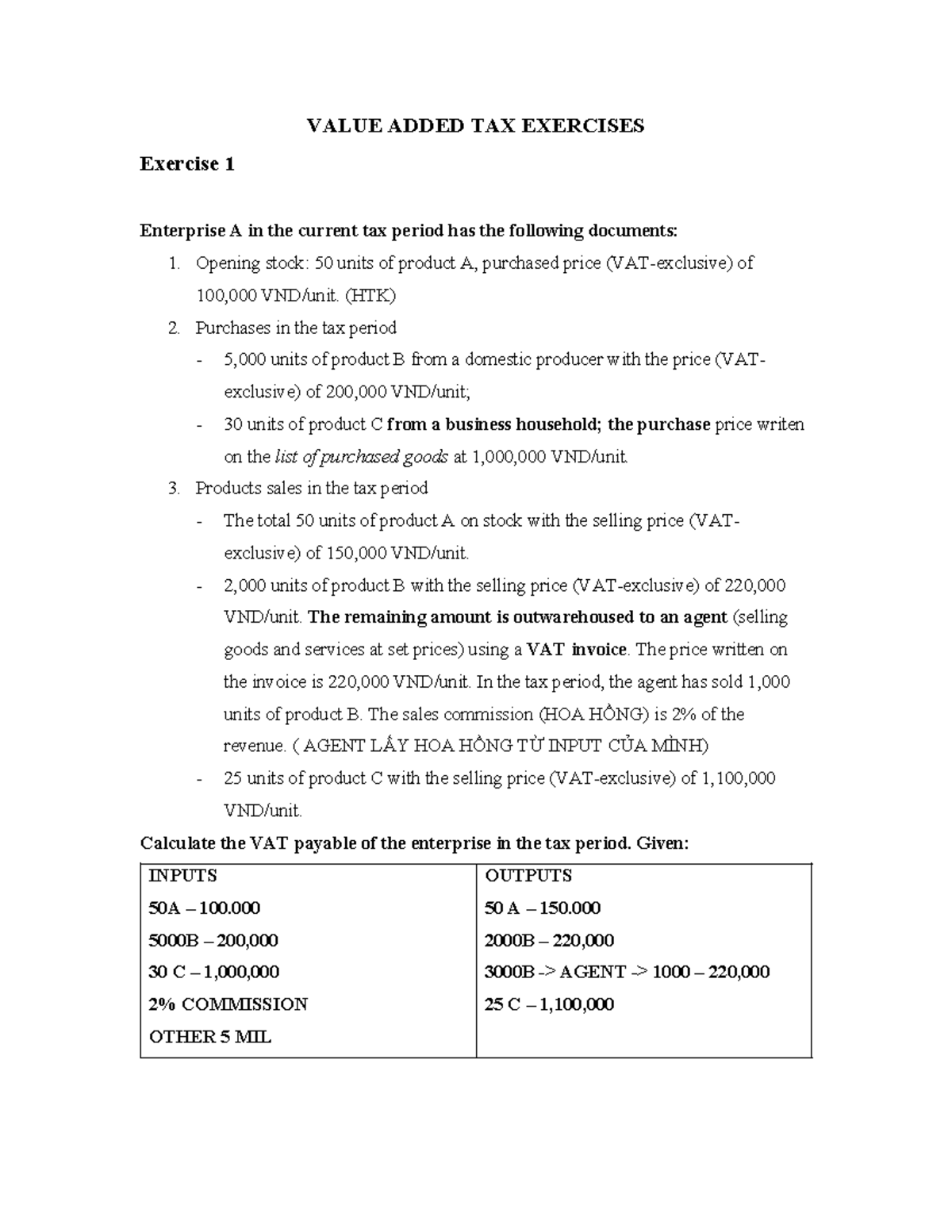 1- VAT Calculation Exercises - Answer Key for Course TAX101 - Studocu