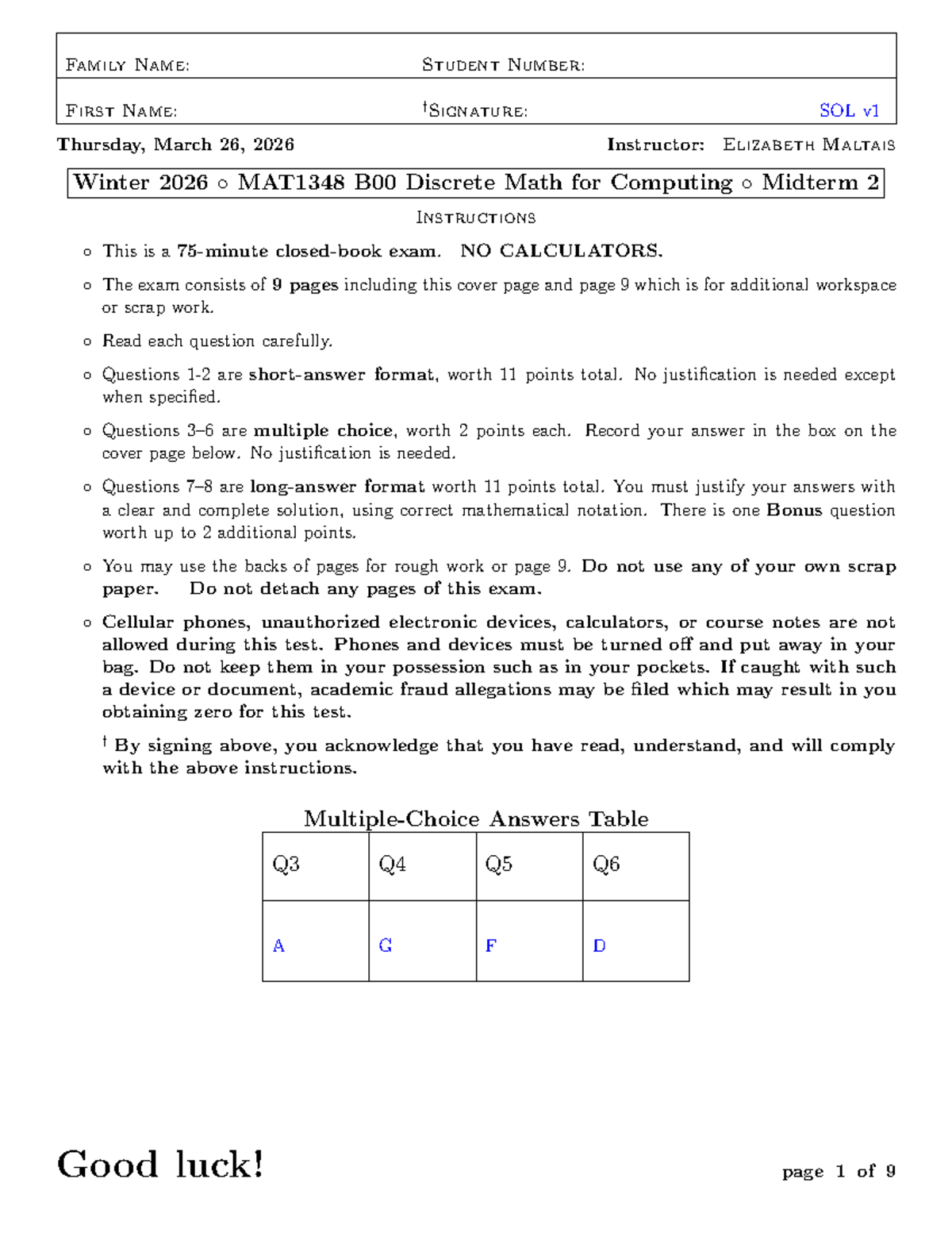 MAT1348B 2026 Discrete Math Midterm 2 Solutions v1 - Studocu