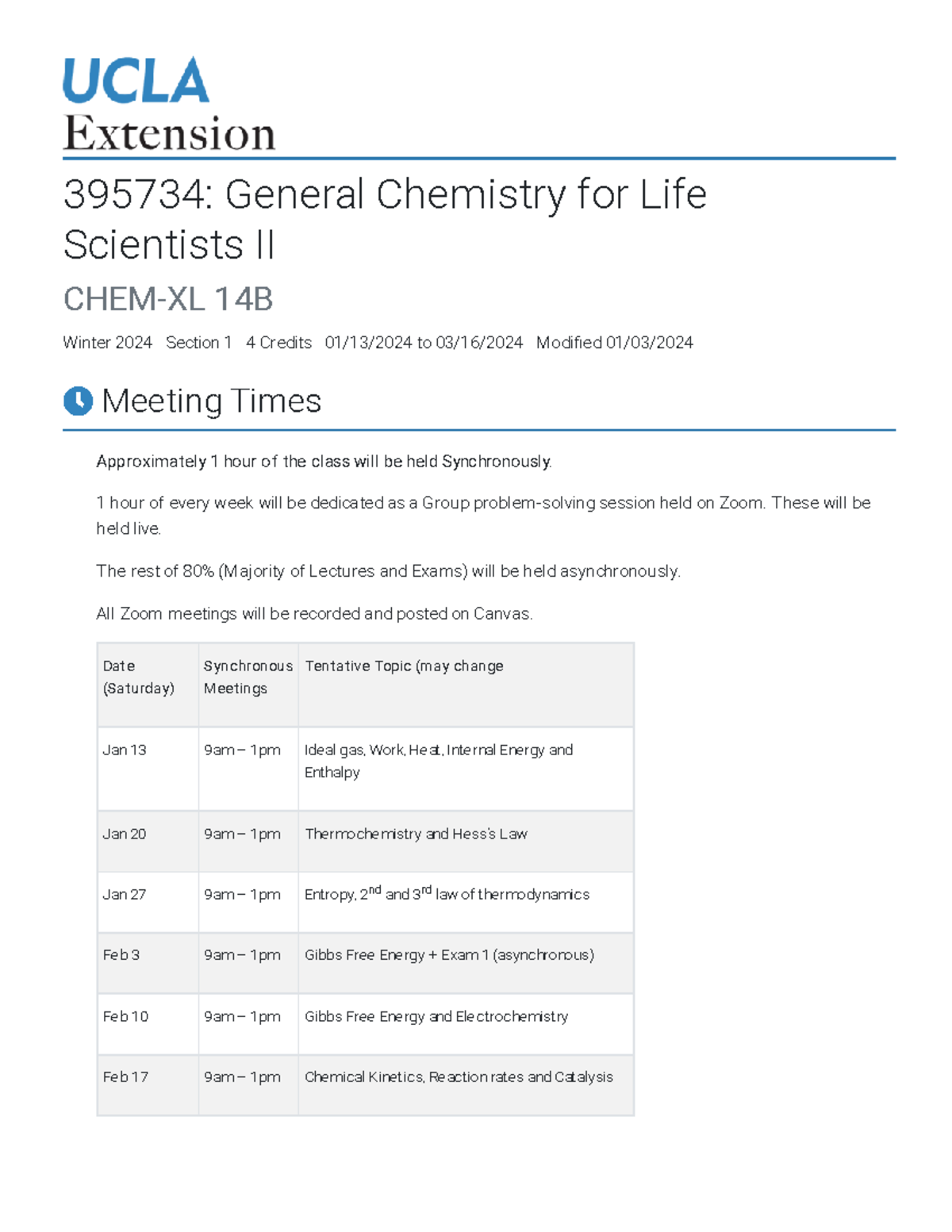 395734 CHEM XL 14B General Chemistry II Winter 2024 Syllabus & Schedule ...