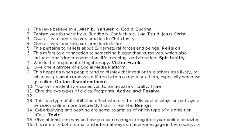 Quiz - Practice Test on Religion and Online Behavior - Studocu