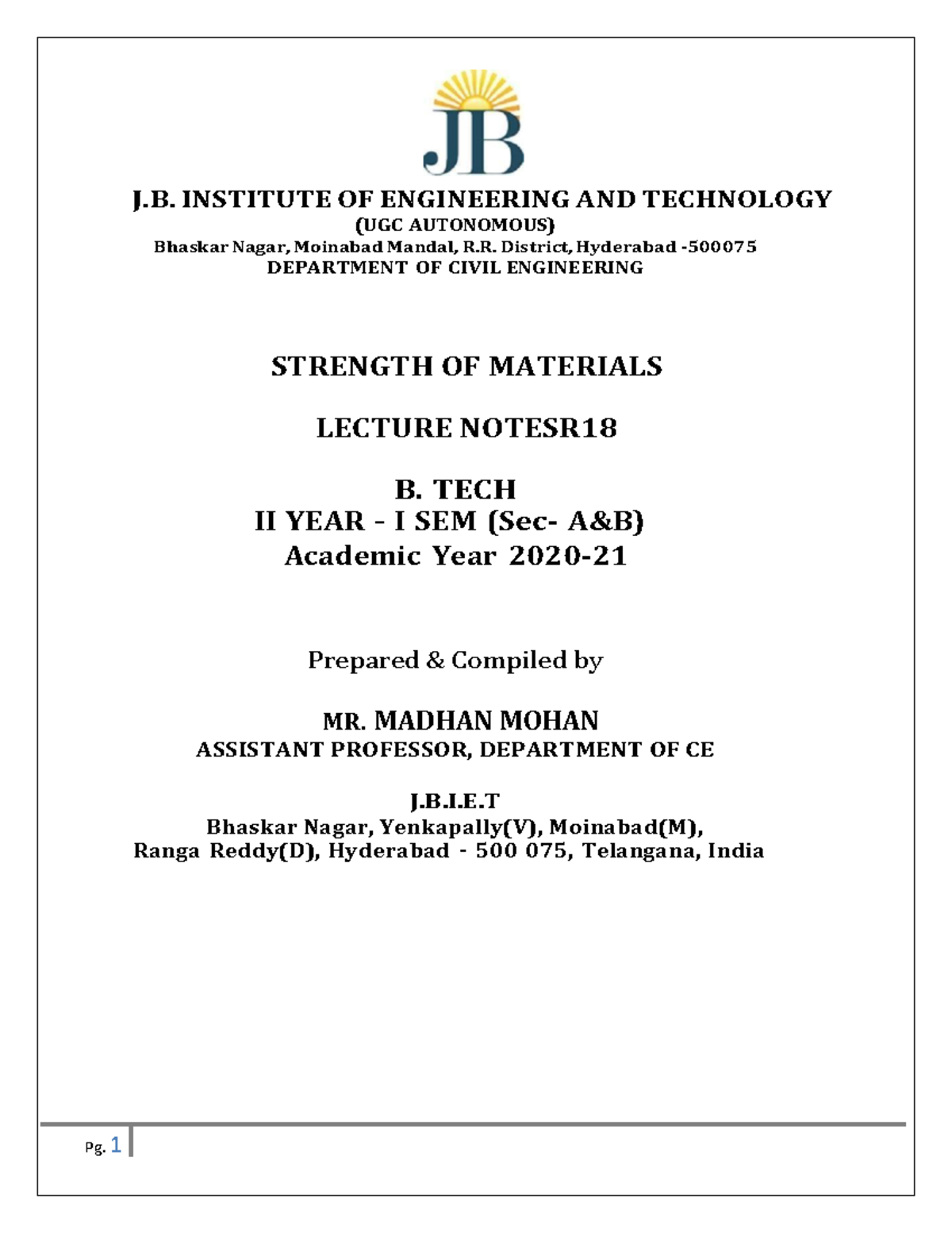 Strength of Materials Lecture Notes - B.Tech II Year - I Sem - Studocu