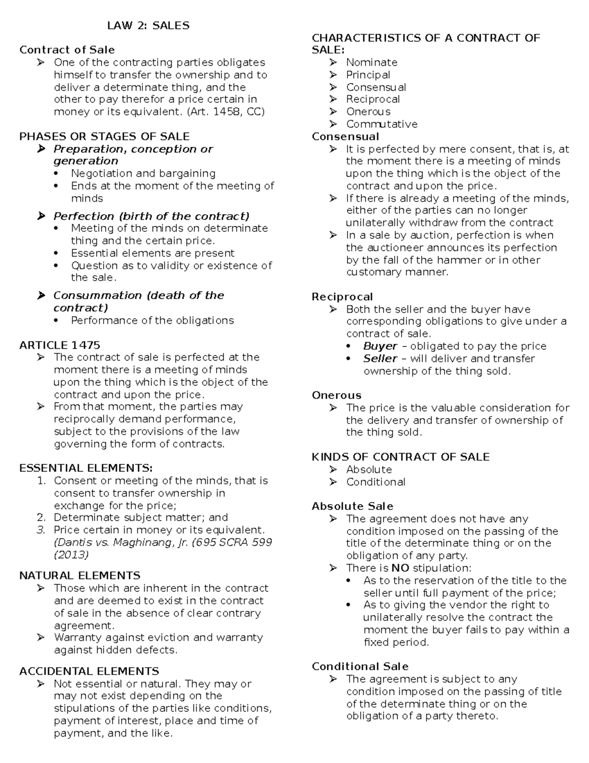 LAW 2: SALES - Understanding the Contract of Sale and Its Elements ...