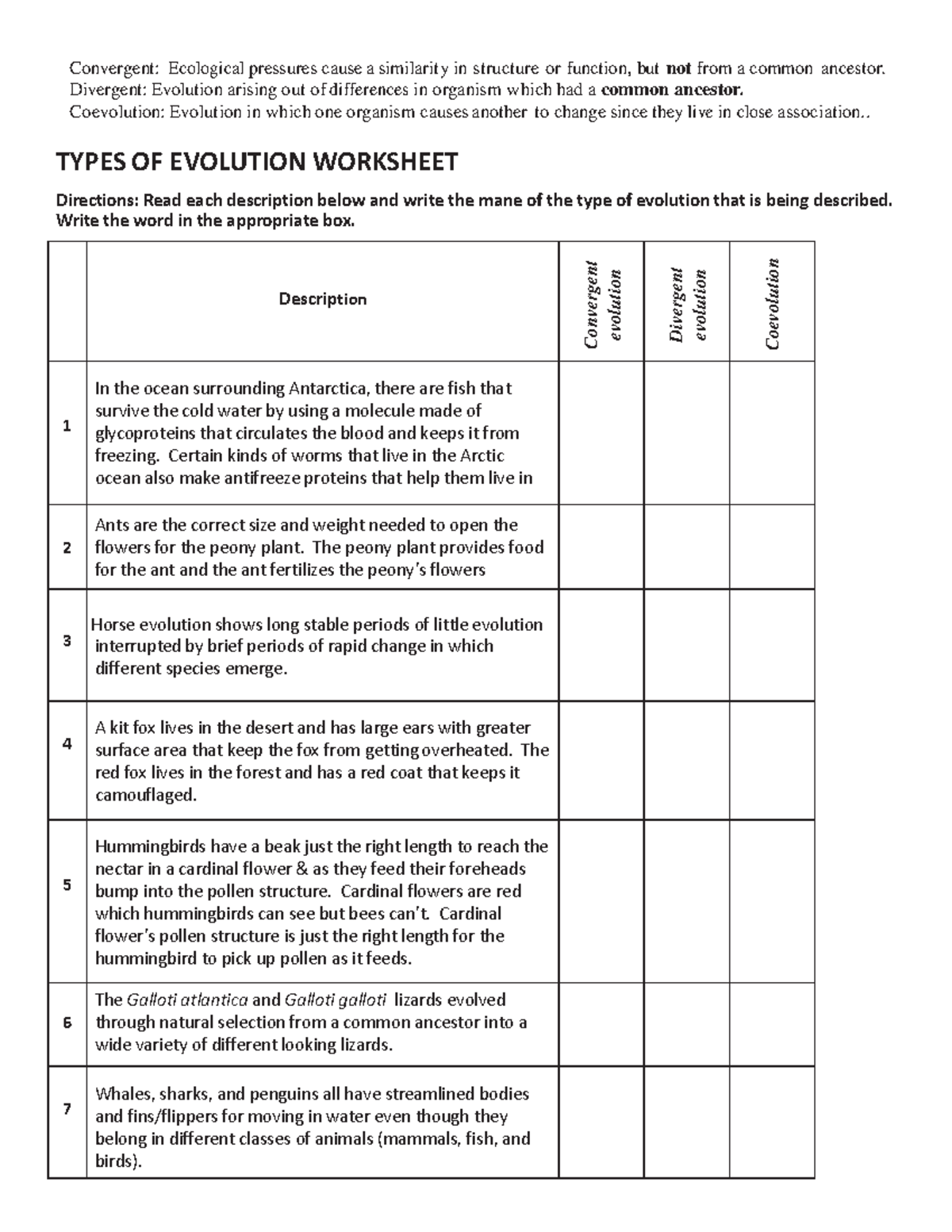 Types of Evolution Worksheet: Convergent, Divergent, and Coevolution ...