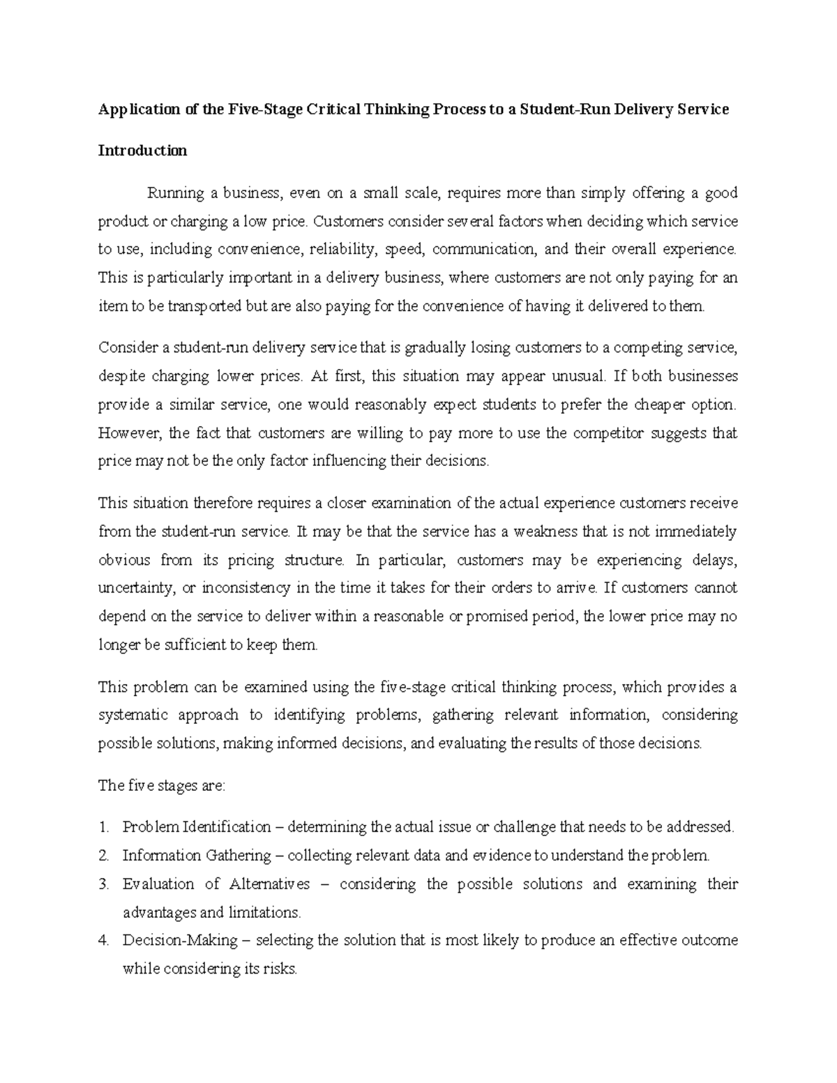 Application of Critical Thinking to Improve Delivery Service (ENT ...