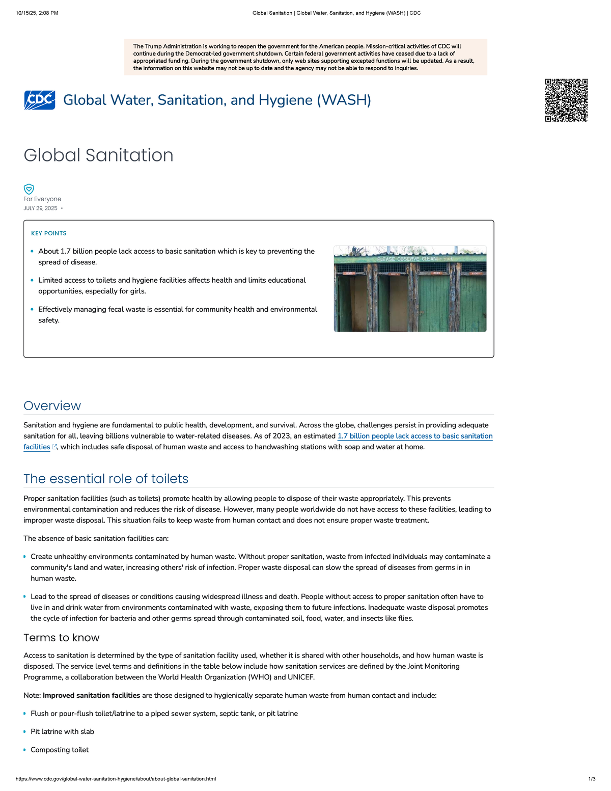 Global Water, Sanitation, and Hygiene (WASH) Overview and Key Points ...