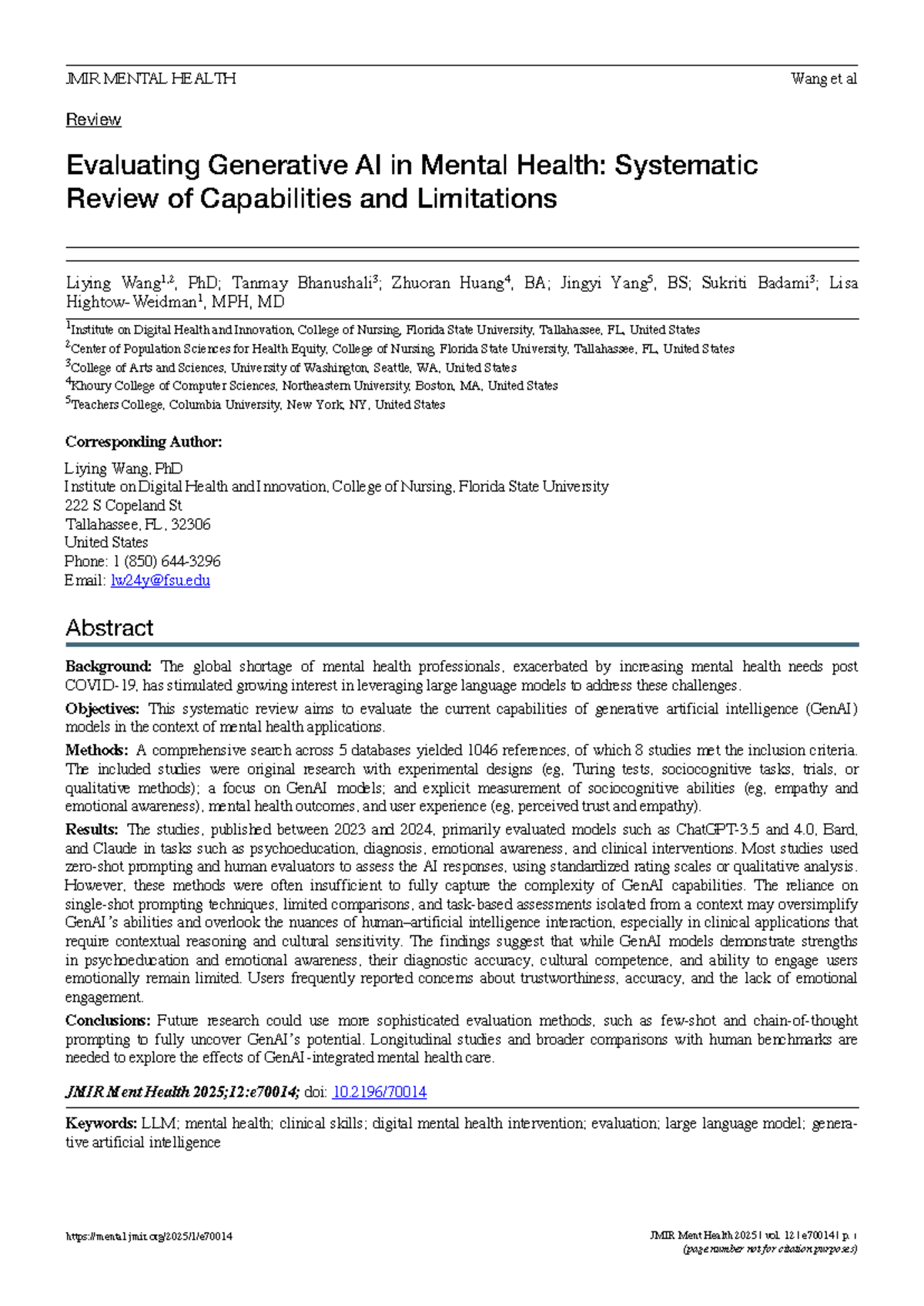 JMIR MENTAL HEALTH 2025: Systematic Review of GenAI Capabilities in ...