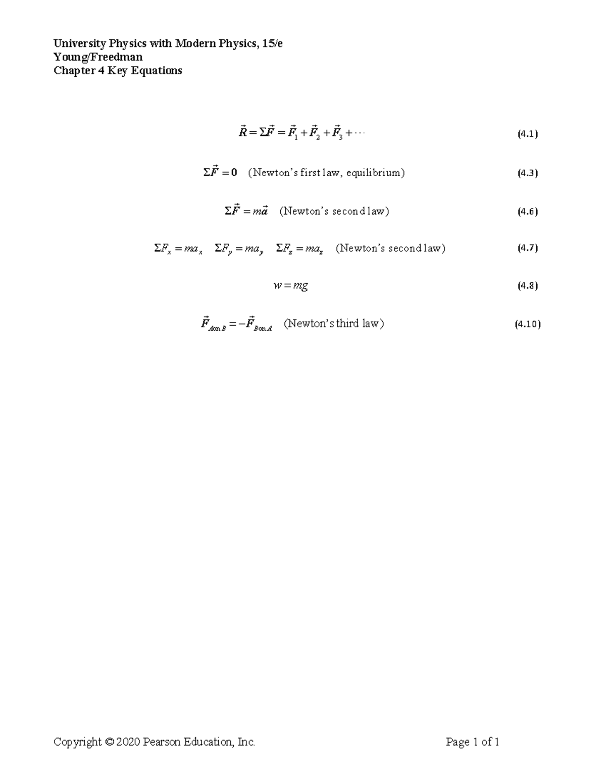 University Physics with Modern Physics - Chapter 4 Key Equations - PHYS ...