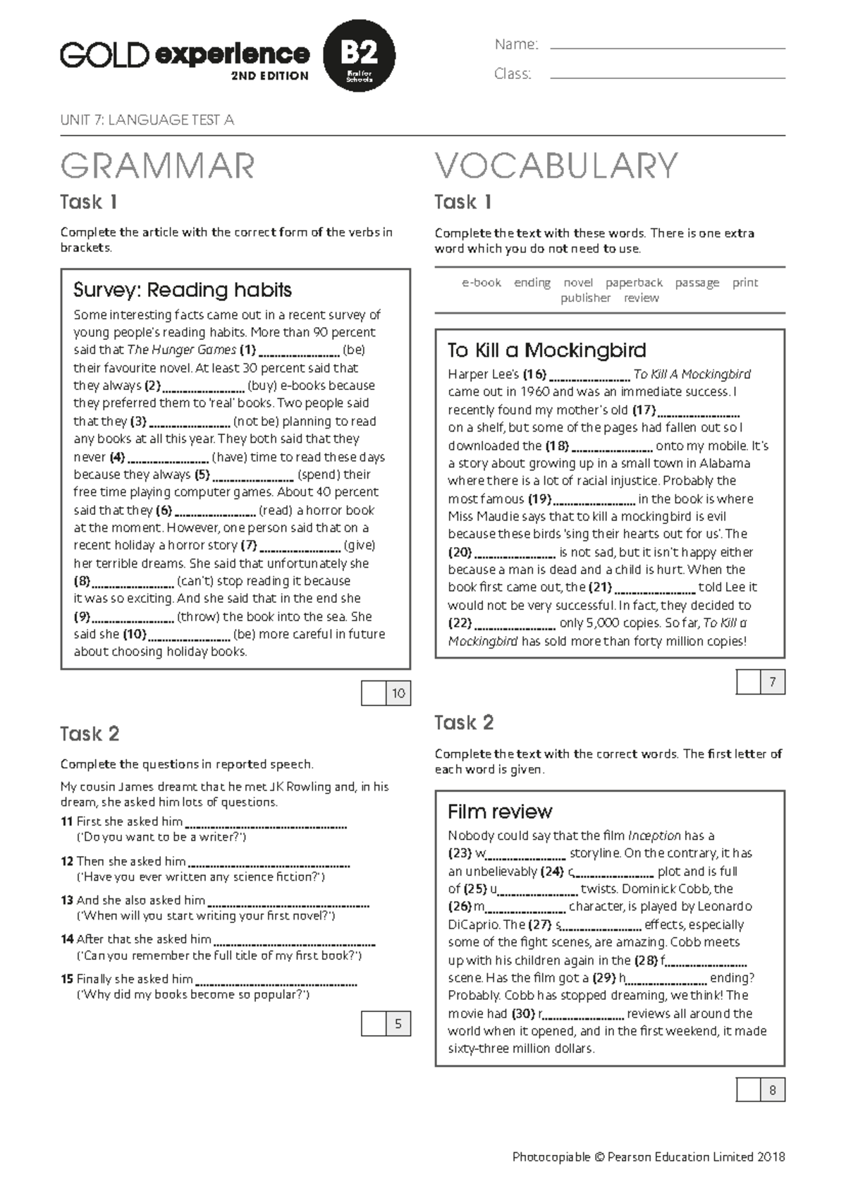 Gold Experience B2 U7 Language Test A - Grammar and Vocabulary Tasks ...