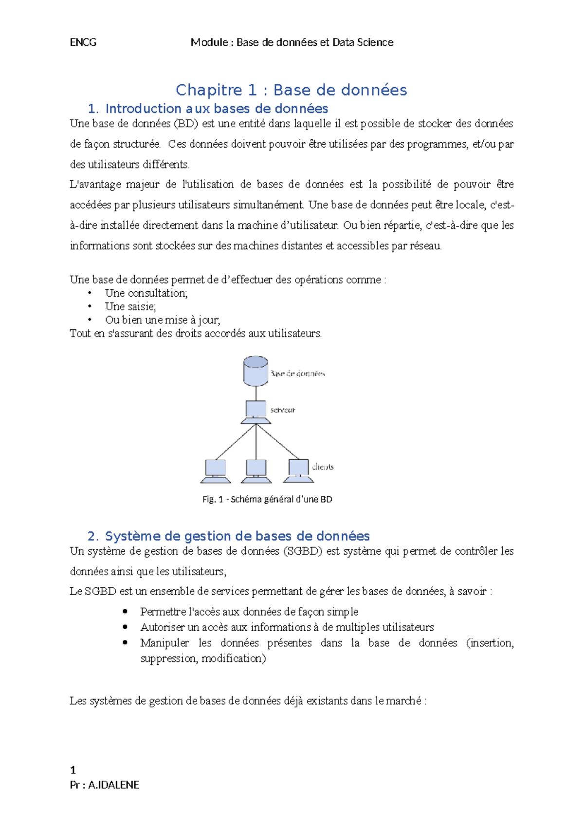ENCG Module : Base de données et Data Science - Chapitre 1 Introduction ...
