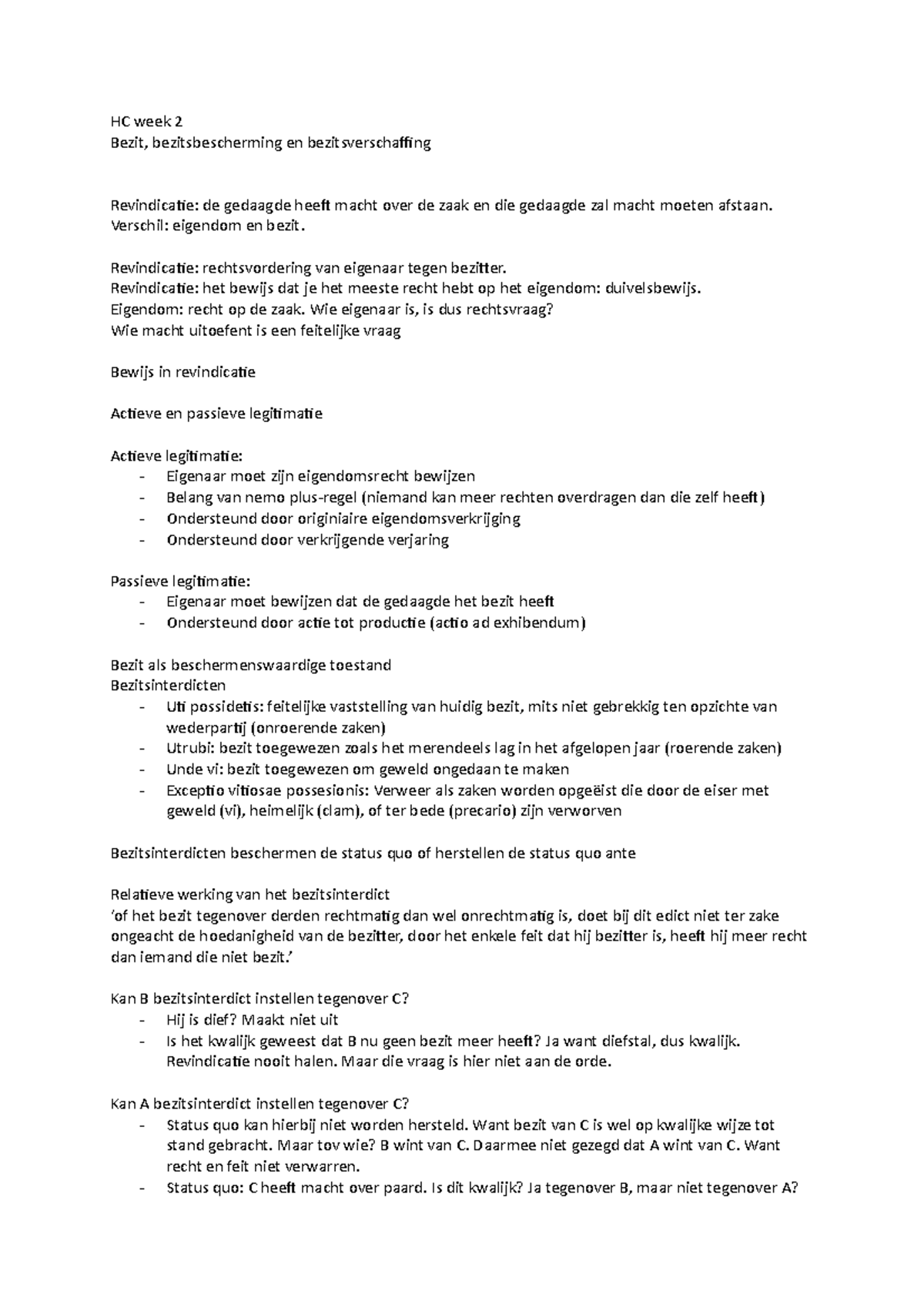 HC Week 2: Bezit, Bezitsbescherming en Bezitsverschaffing Uitleg ...