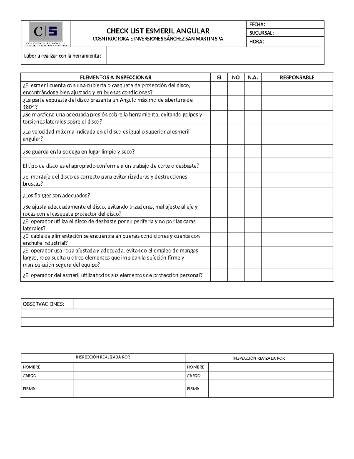 Check List de Inspección para Máquina de Soldar - Constructora e ...