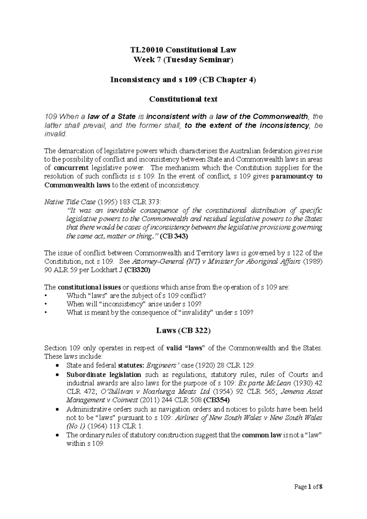TL20010 Constitutional Law - Week 6 Notes on Inconsistency & s 109 ...