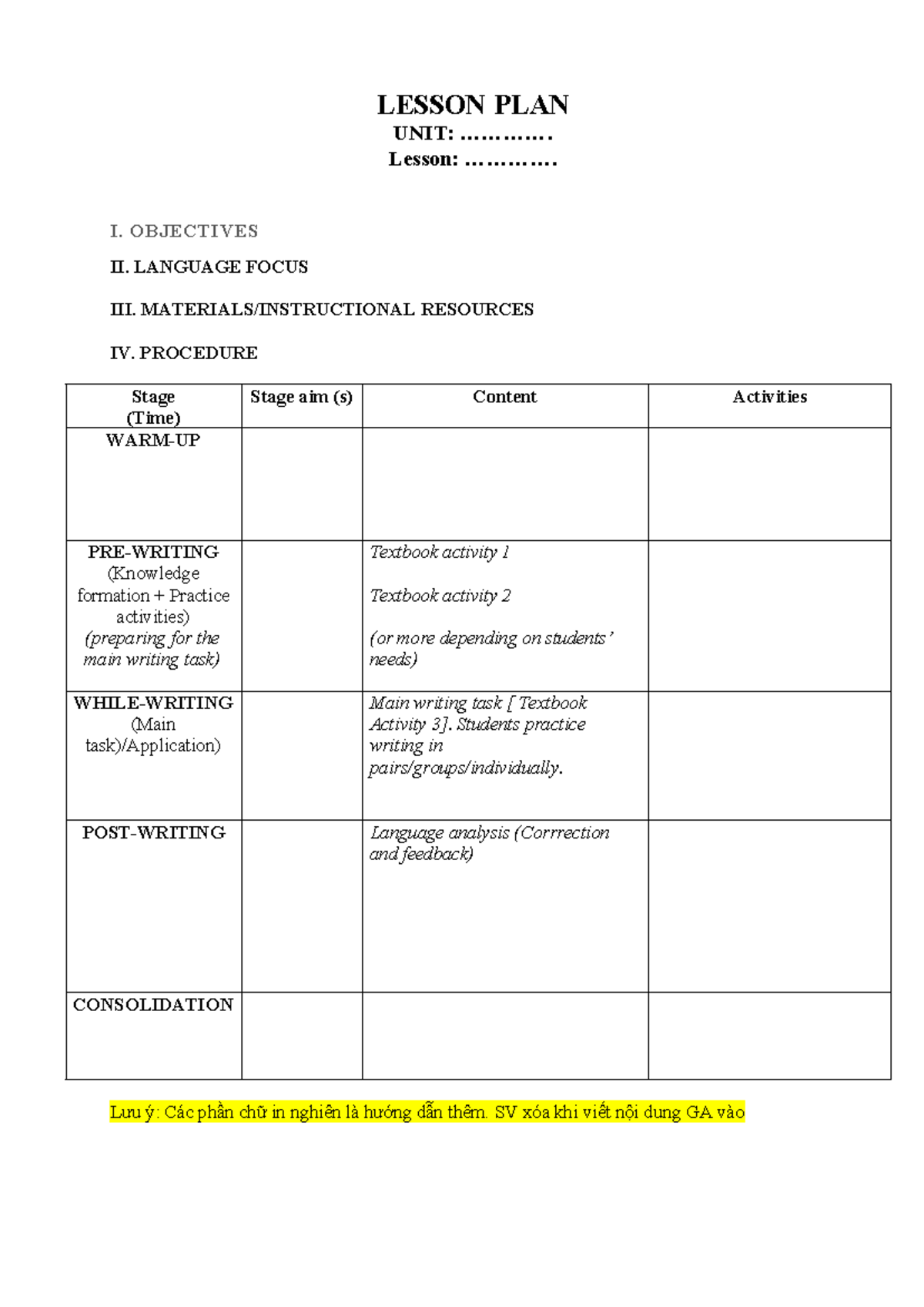 Lesson plan template (Writing) (14-10-24) - LESSON PLAN UNIT ...