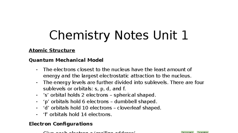 Chemistry Notes Unit 1: Atomic Structure & Quantum Model - Studocu