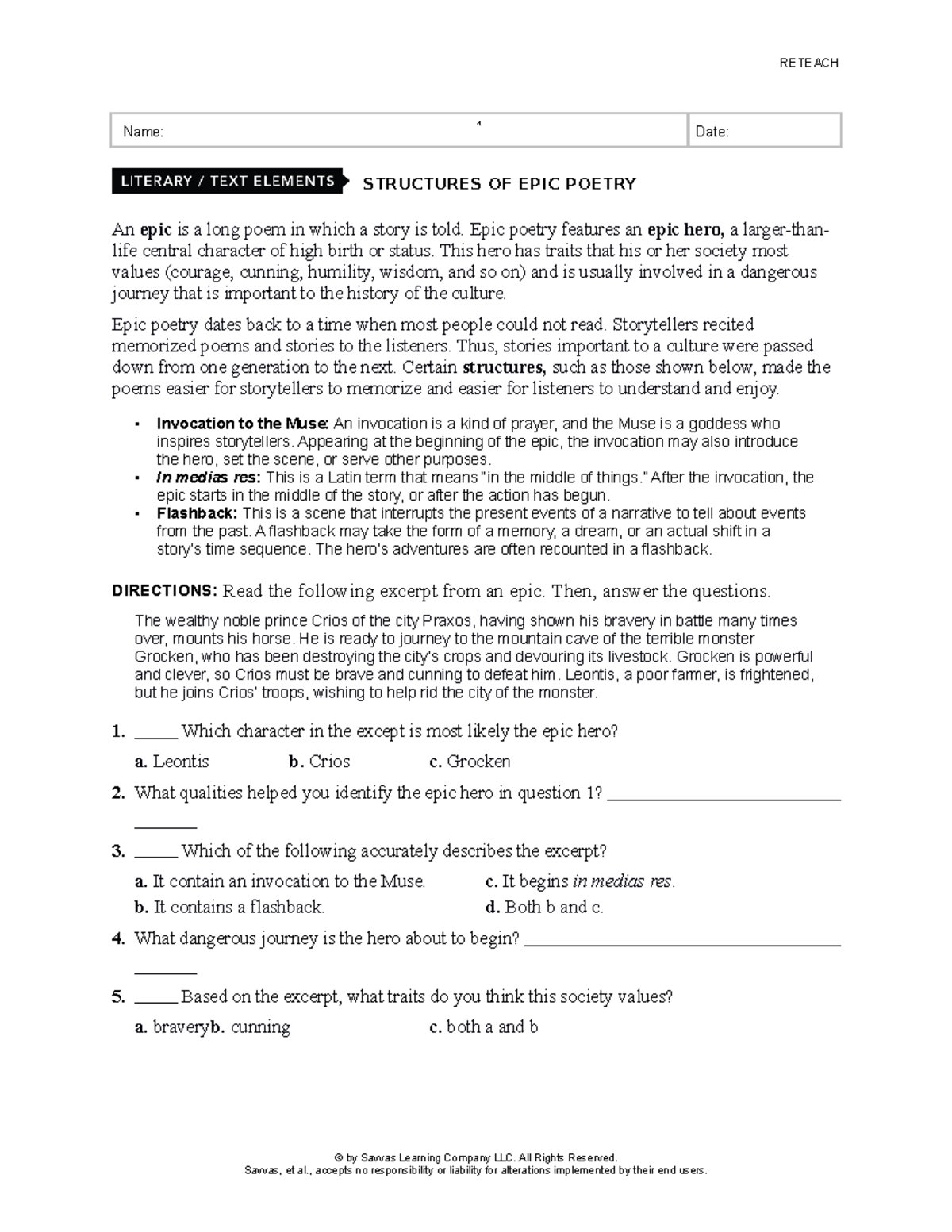 MYP2209 RP G09 U4A Homer Epic Poetry Structures Reteach and Practice ...