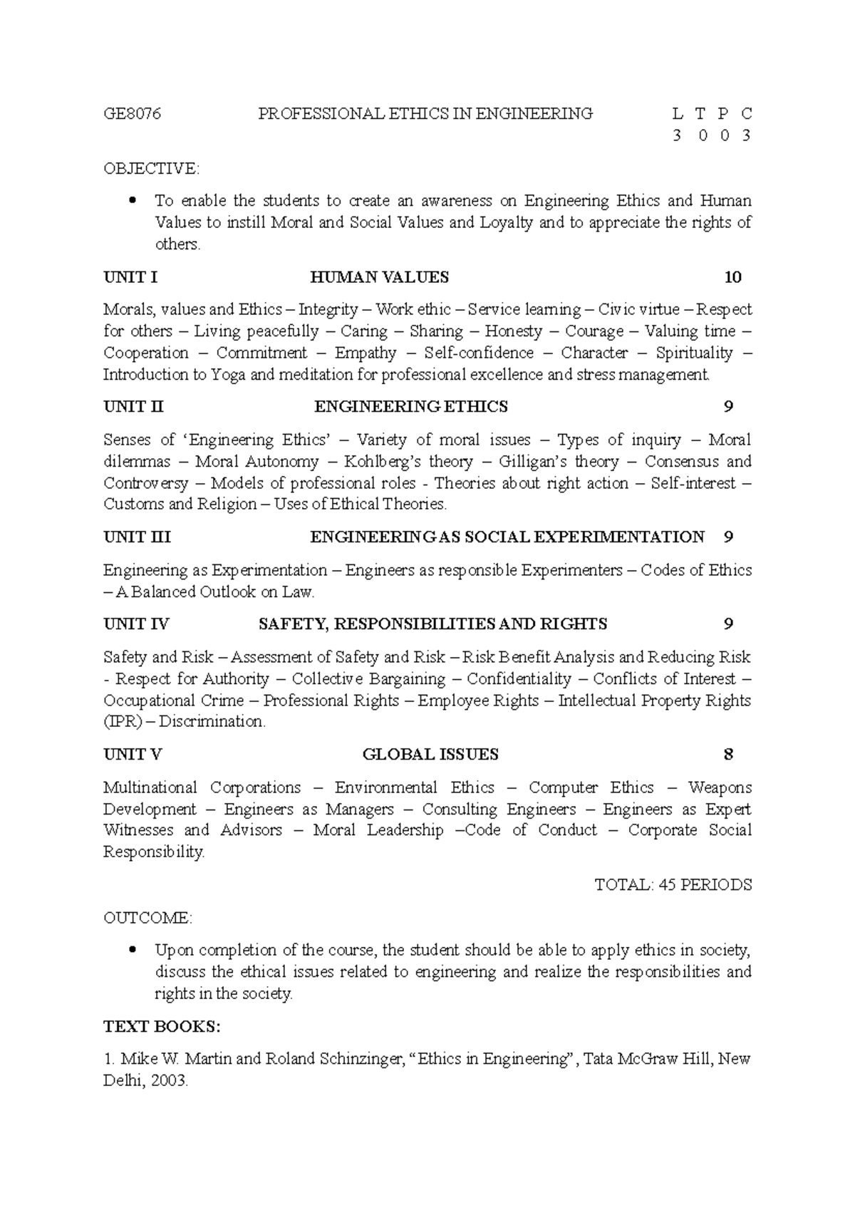 GE8076 Professional Ethics in Engineering Course Syllabus & Overview ...