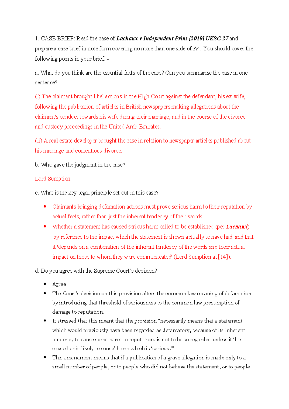 Tort Tutorial 7 - Defamation Case Brief & Analysis: Lachaux v ...