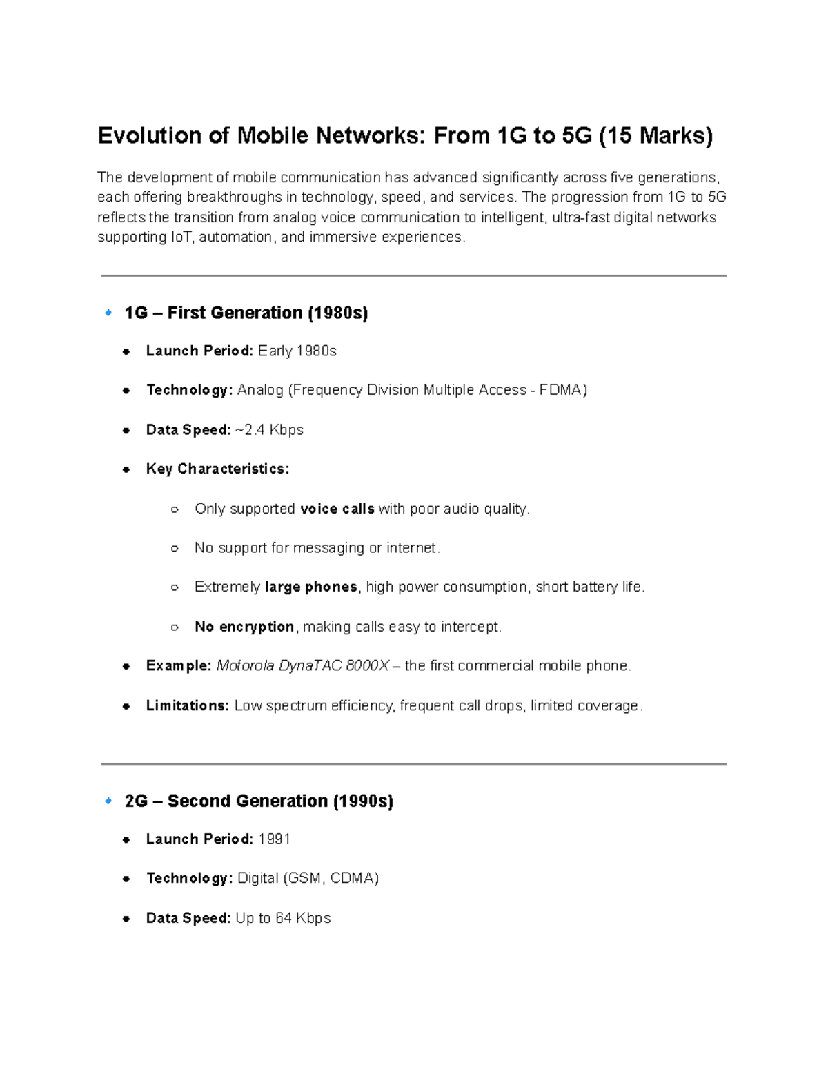 Evolution of Mobile Networks: From 1G to 5G Overview (15 Marks) - Studocu
