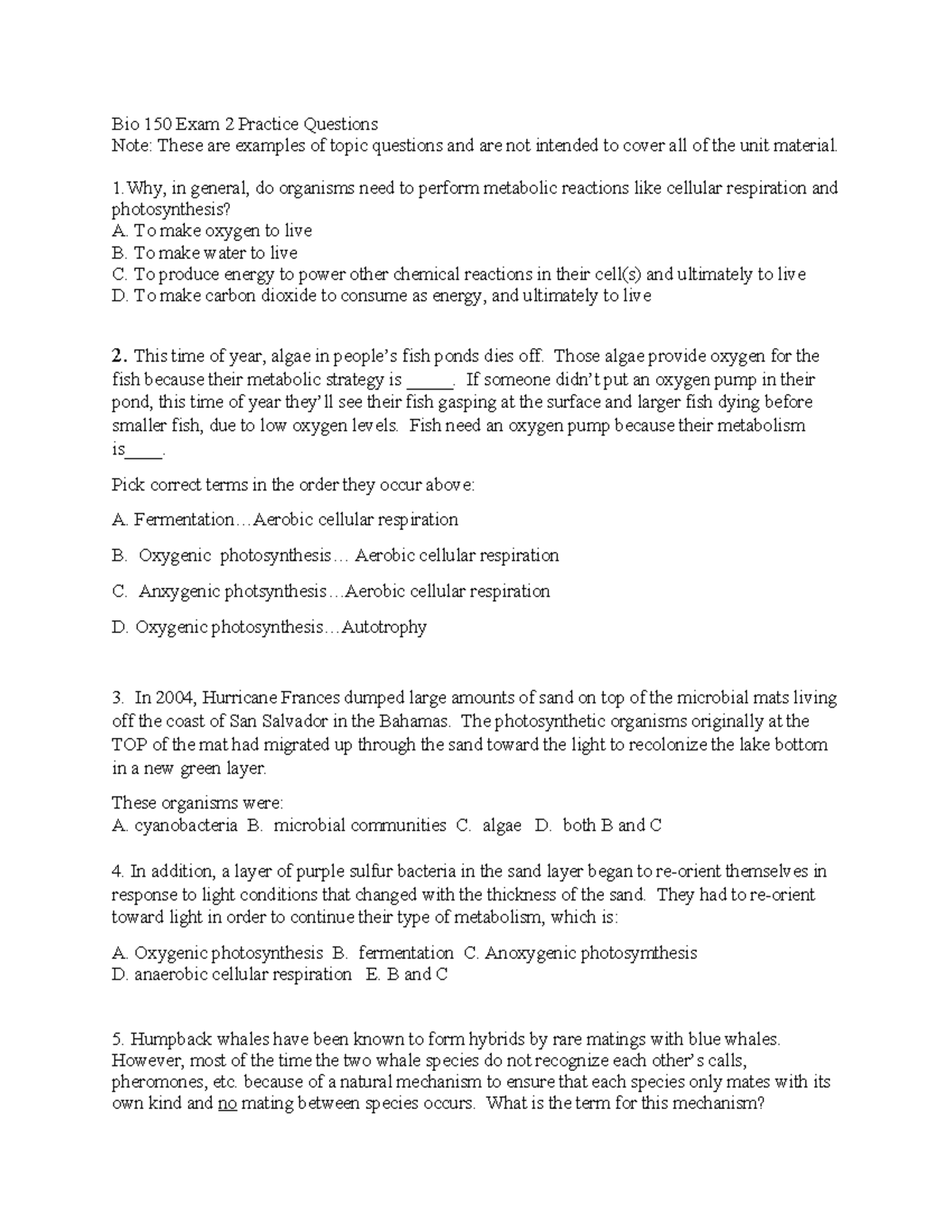 Bio 150 Exam 2 Practice Questions Review For Sp23 Studocu