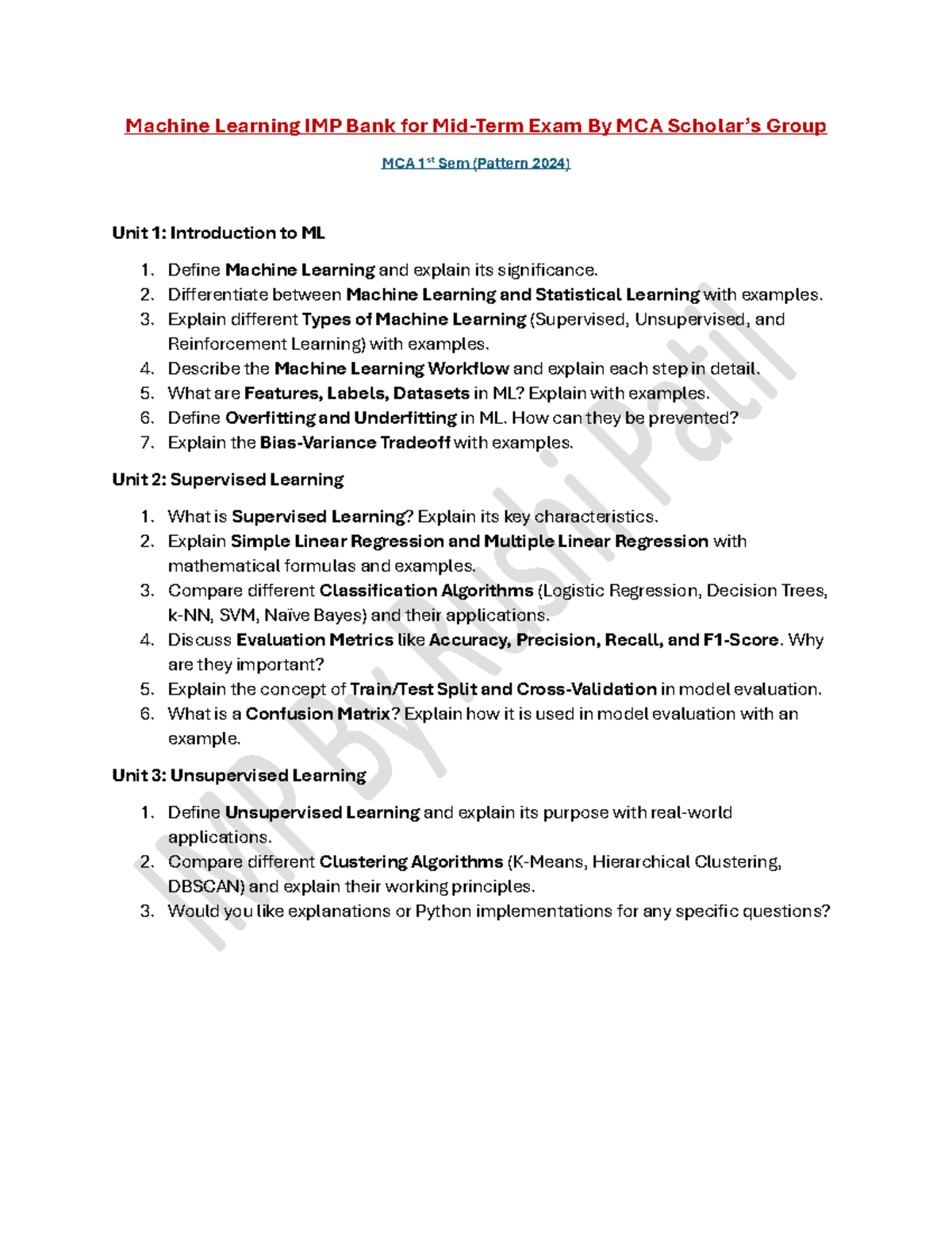 Machine Learning IMP Bank for Midterm Exam MCA Group 1st Sem - Studocu