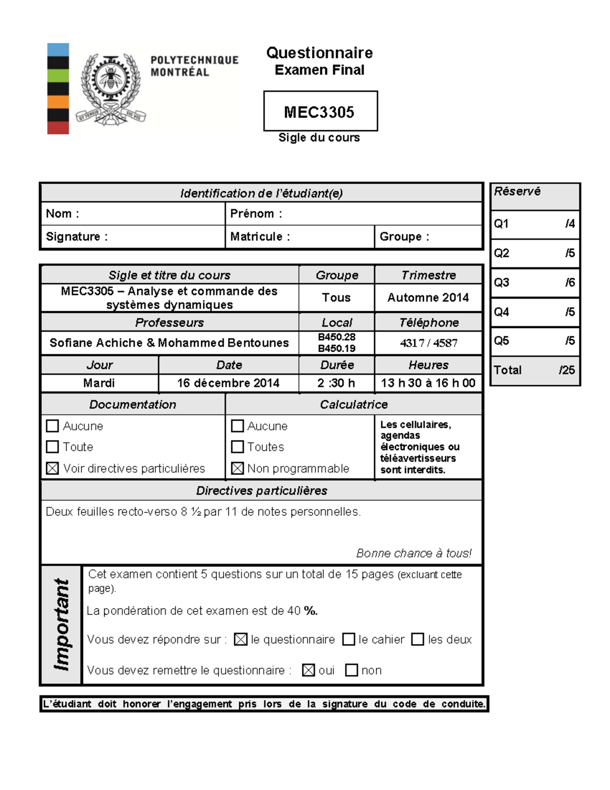 MEC3305 Final Exam Questionnaire - Dynamic Systems Analysis A2024 - Studocu
