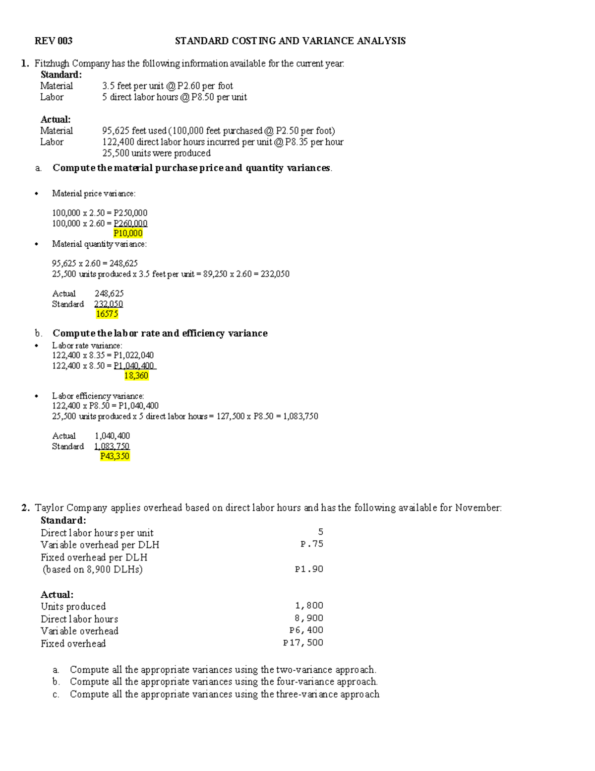 REV-003 Standard Costing and Variance Analysis for Fitzhugh & Taylor Co ...