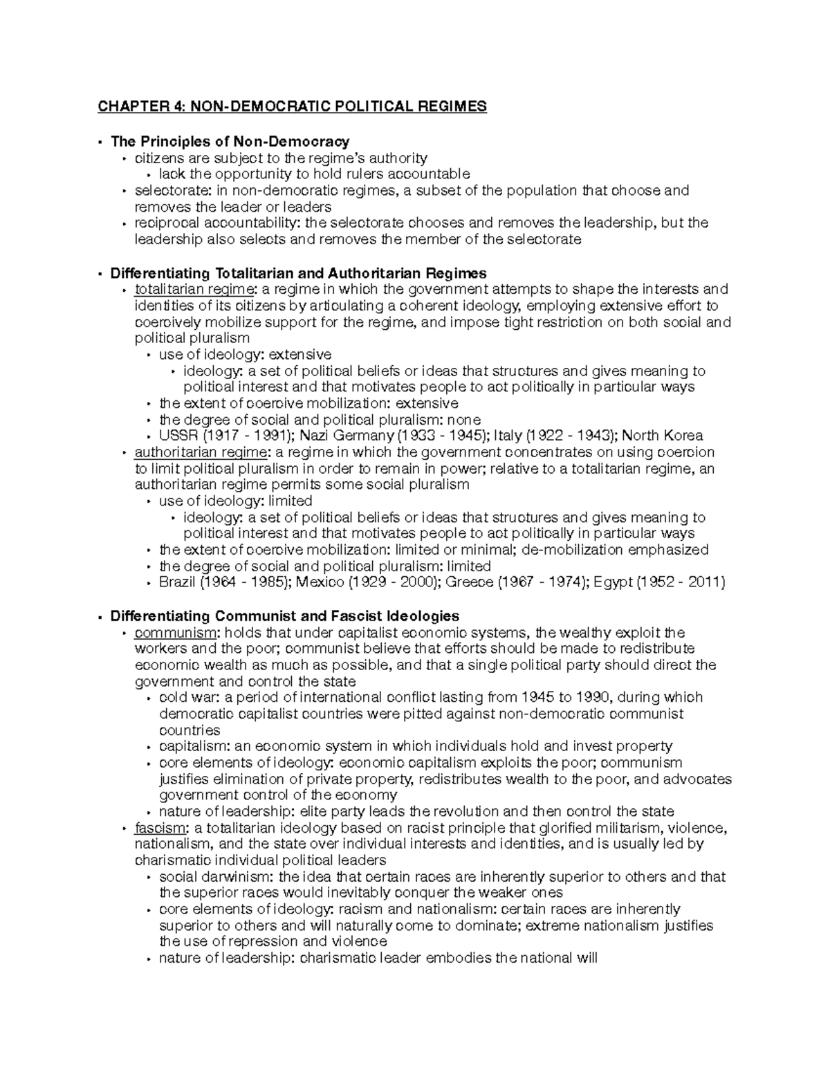 POLI SCI 50 Chapter 4 Reading Notes - CHAPTER 4: NON-DEMOCRATIC ...