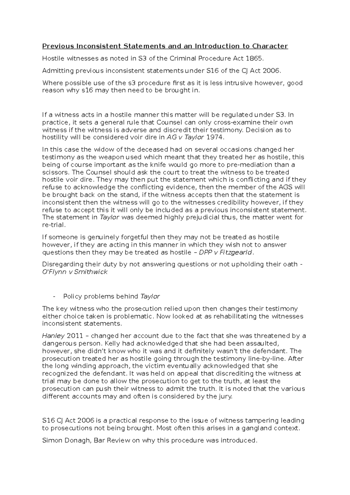 Evidence Law - Inconsistent Statements and Character Evidence Notes ...