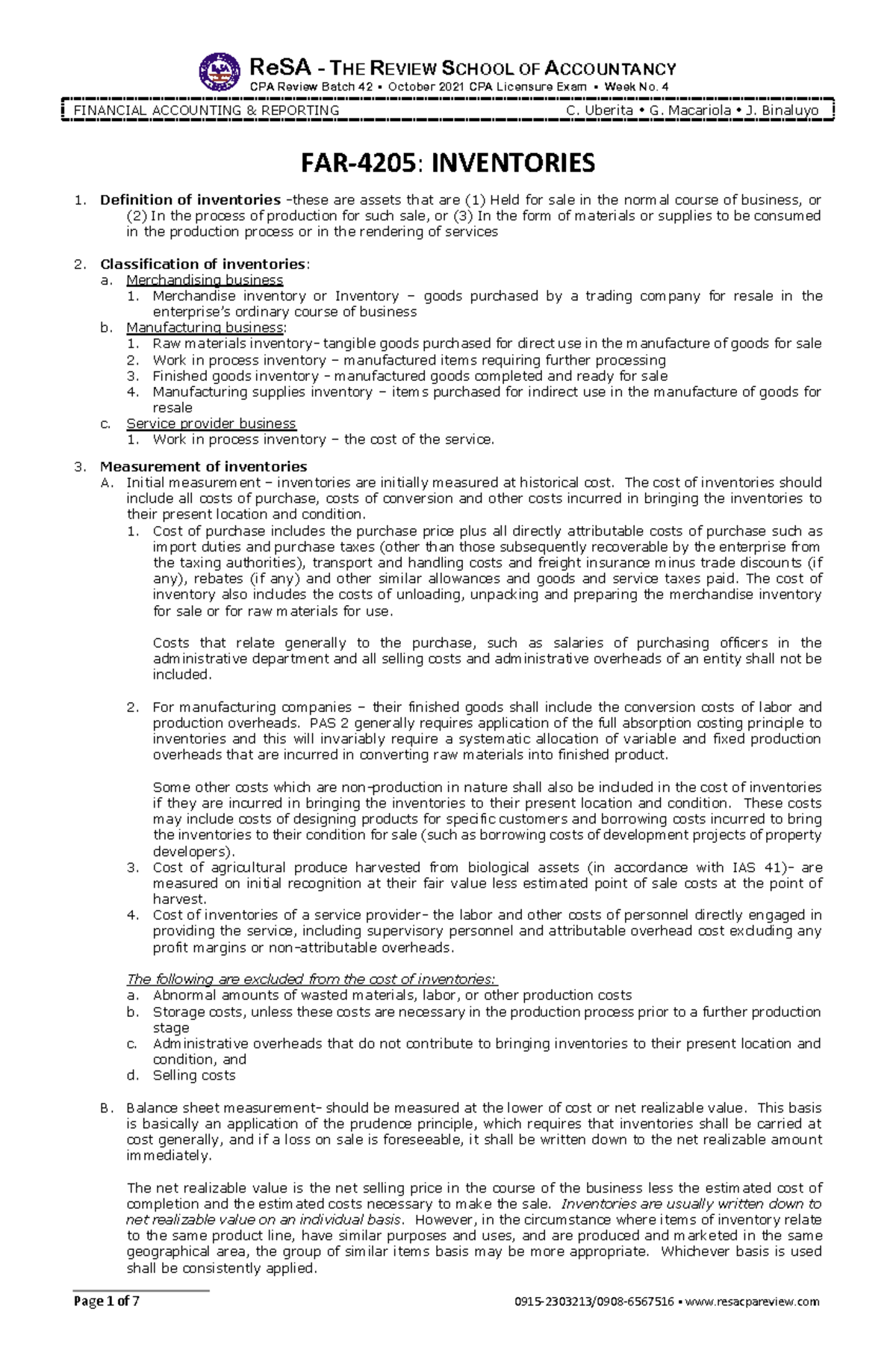 FAR-4205: Comprehensive Study Notes on Inventories for CPA Review - Document Preview