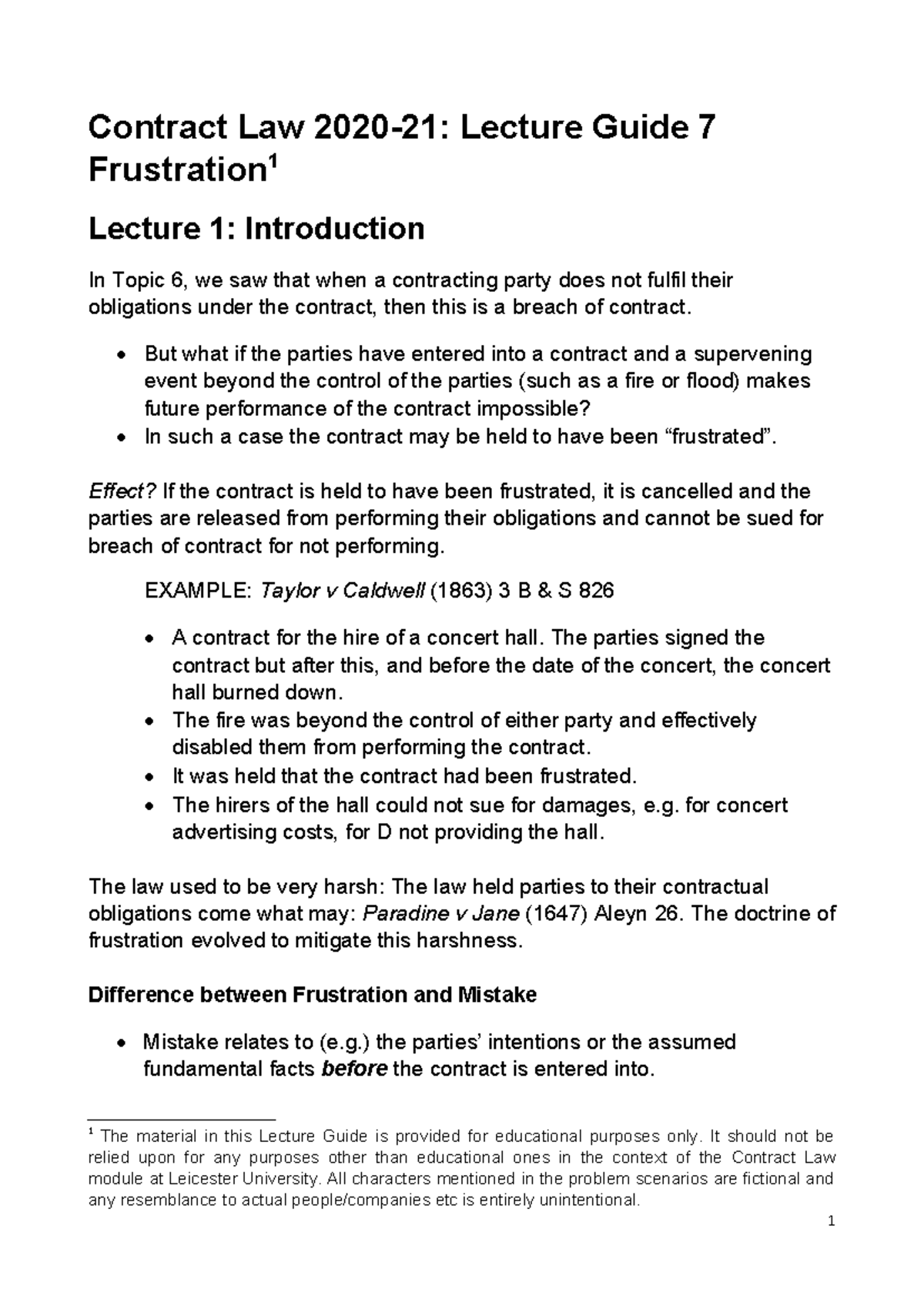 Contract Law 2020-21: Lecture Guide on Frustration and Its Effects ...