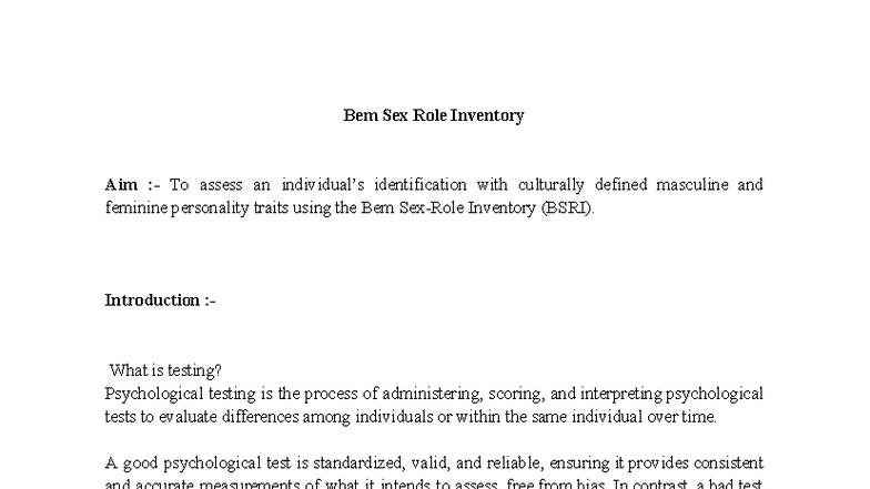 BSRI - Bem Sex Role Inventory Overview and Applications - Studocu