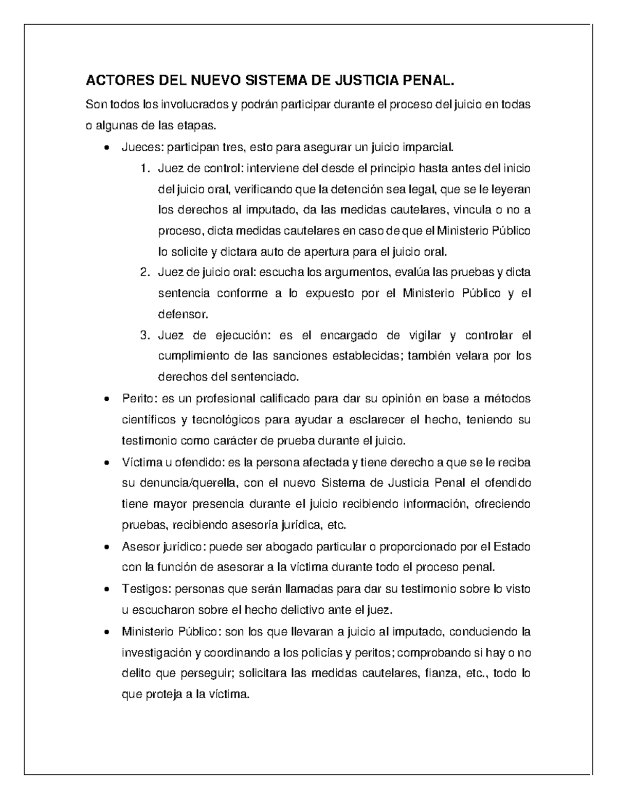 Actores y Sujetos del Nuevo Sistema de Justicia Penal - Análisis - Studocu