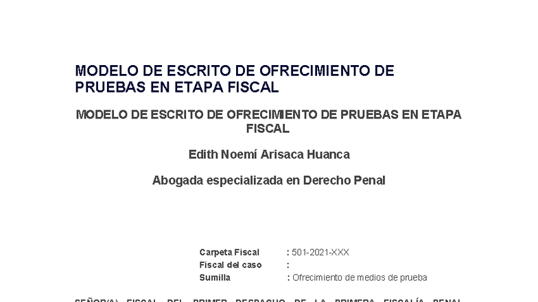 Modelo de Ofrecimiento de Pruebas en Etapa Fiscal - Derecho Penal - Studocu