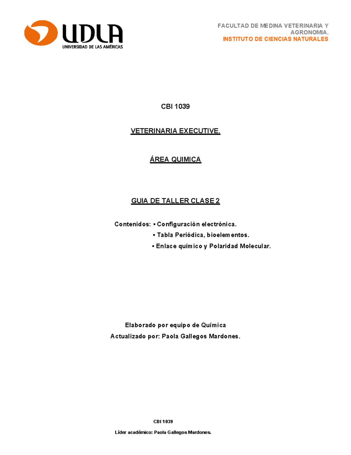 Taller Clase 2: Química y Enlace Molecular, CBI 1039 - Studocu