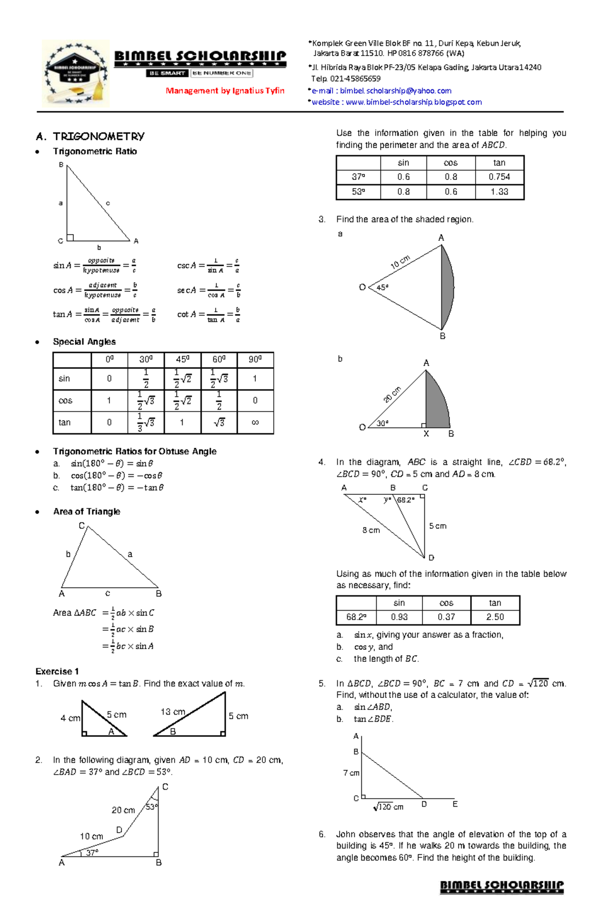 Trigonometry and Quadratic Functions: Study Notes for MATH 15 - Studocu