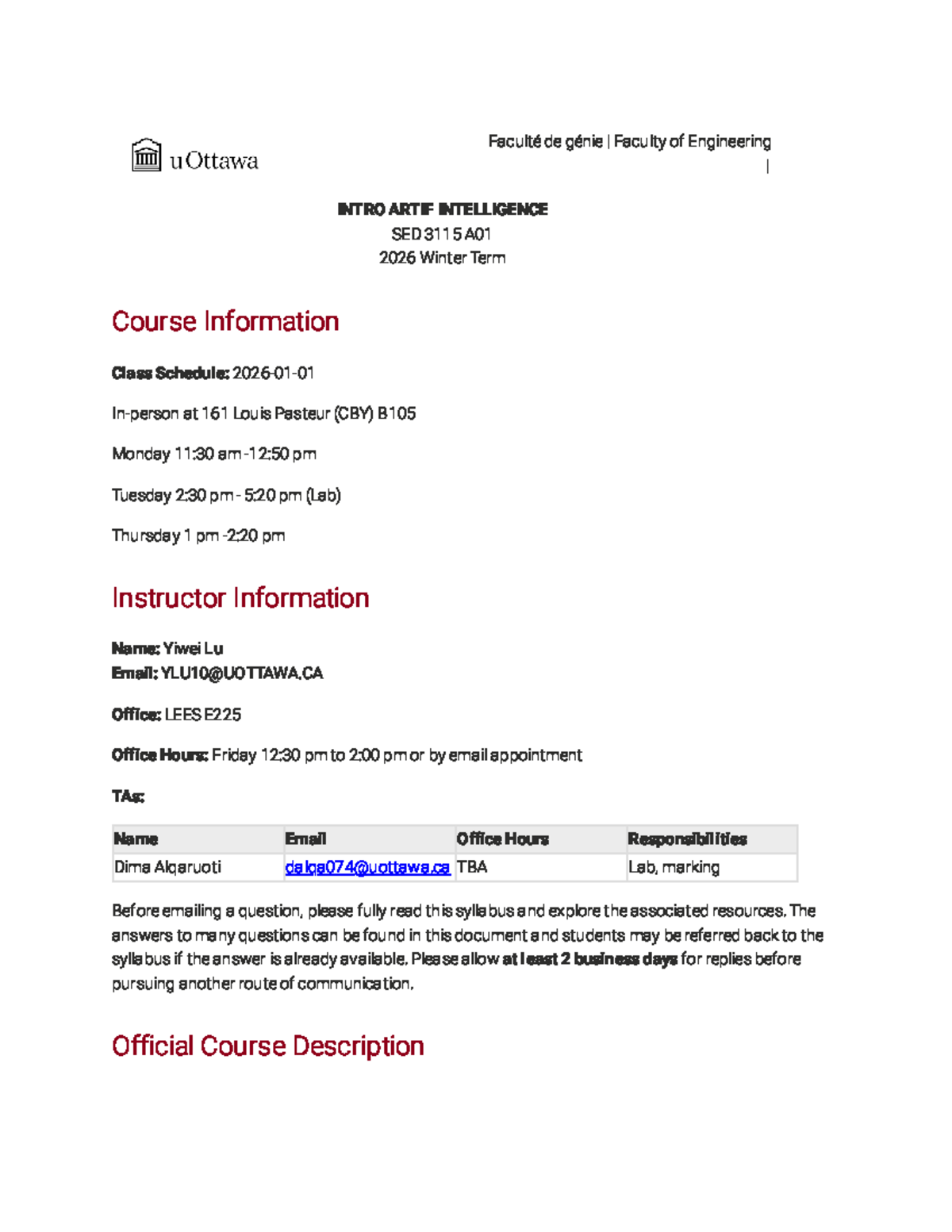 SED 3115 A01: Intro to Artificial Intelligence Syllabus - Winter 2026 ...