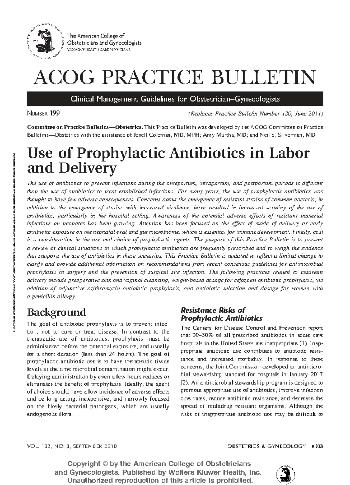 ACOG Practice Bulletin No. 199: Prophylactic Antibiotics in Labor ...