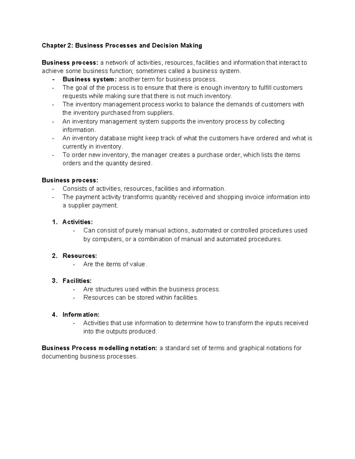 Chapter 2: Business Processes & Decision Making Insights - Studocu