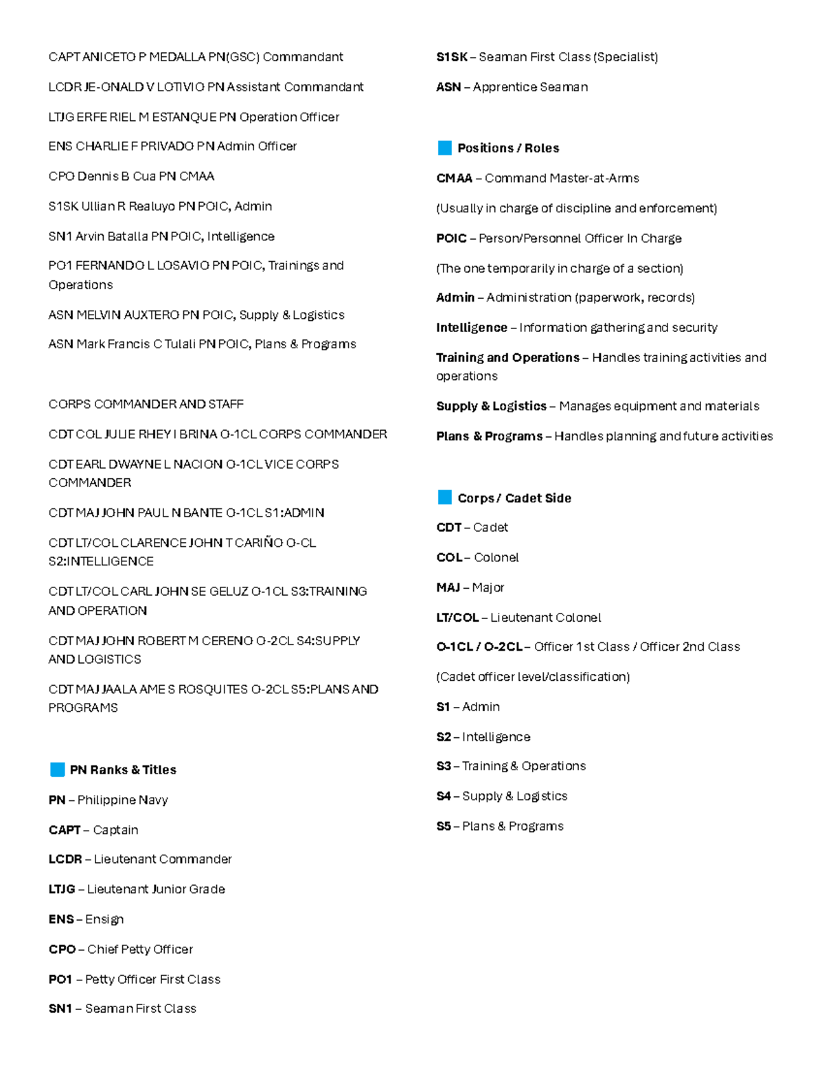 ROTC Officers Structure and Roles Overview - Studocu