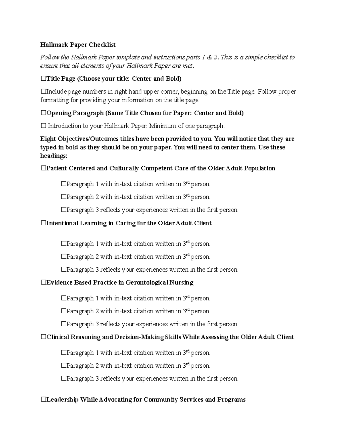 Hallmark Paper Checklist: Essential Elements Overview - Hallmark Paper ...