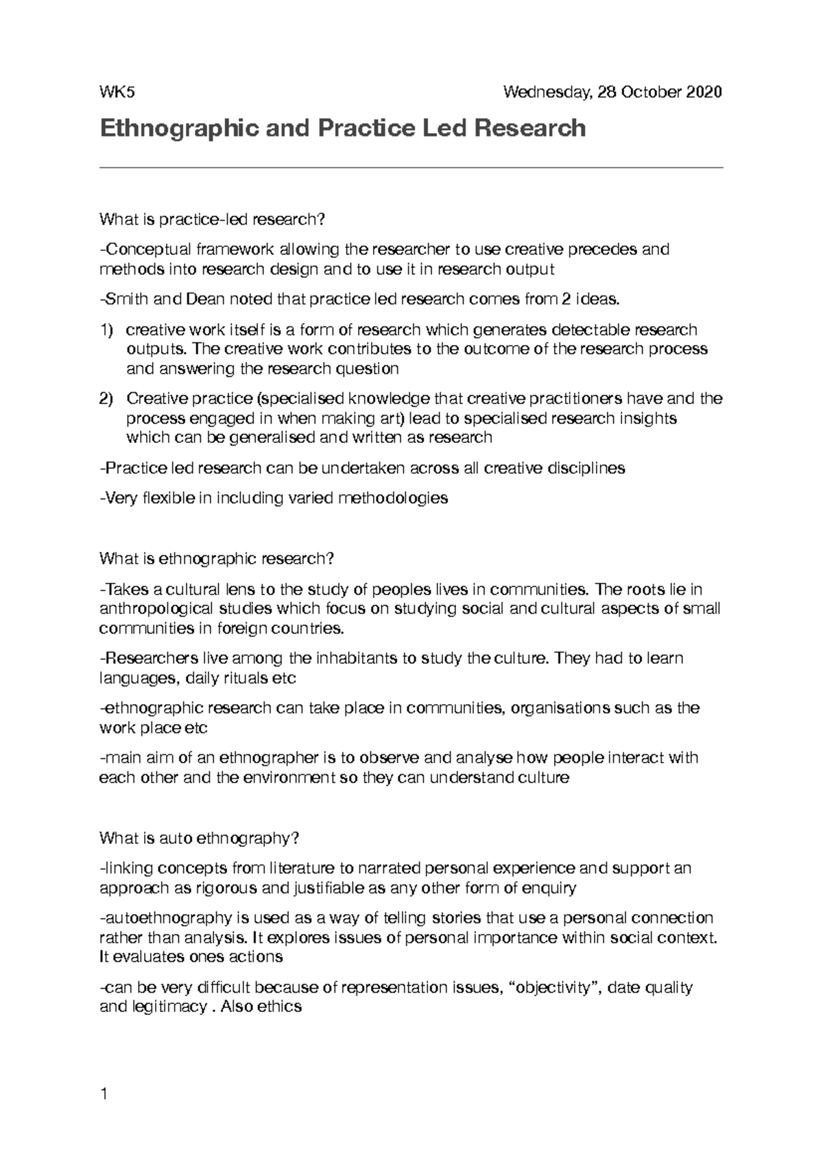 Practice-Led Research and Ethnography: WK5 Lecture Insights - Studocu