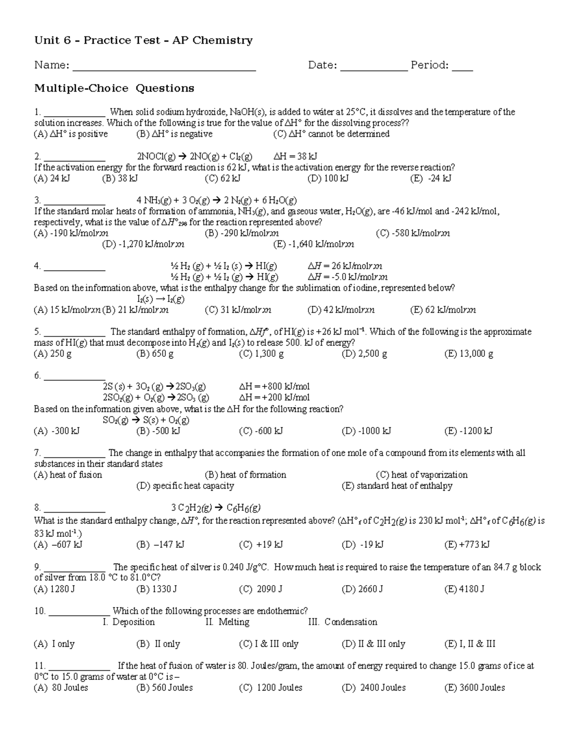 Unit 6 Thermodynamics Practice Test AP Chemistry - Studocu