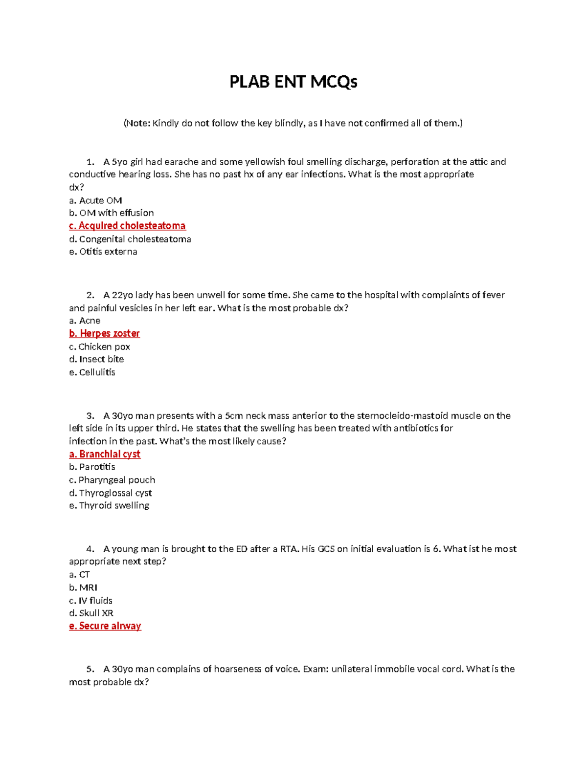 382942222 PLAB ENT MCQs: Key Concepts and Practice Questions - Studocu